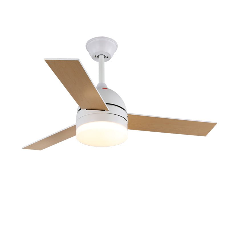 Selena Minimalistische Deckenventilatorleuchte aus Holz, Ansicht von Metallrahmen und Acrylschirm
