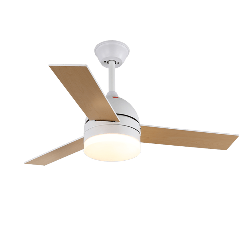 Selena Minimalistische Deckenventilatorleuchte aus Holz, installiert in einem modernen Schlafzimmer