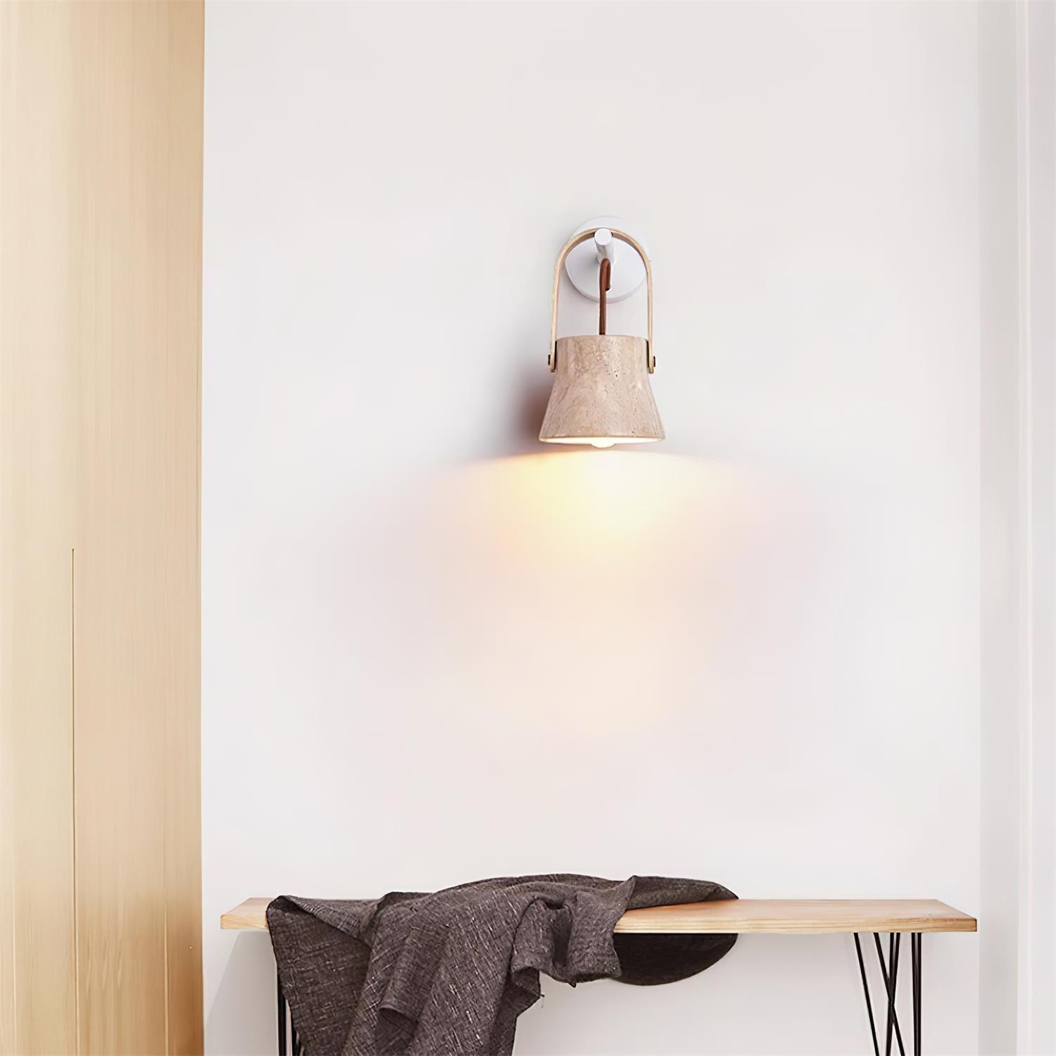 Wall Lamp Metal Body Wood Strap Travertine Shade Minimalist - Letslighting