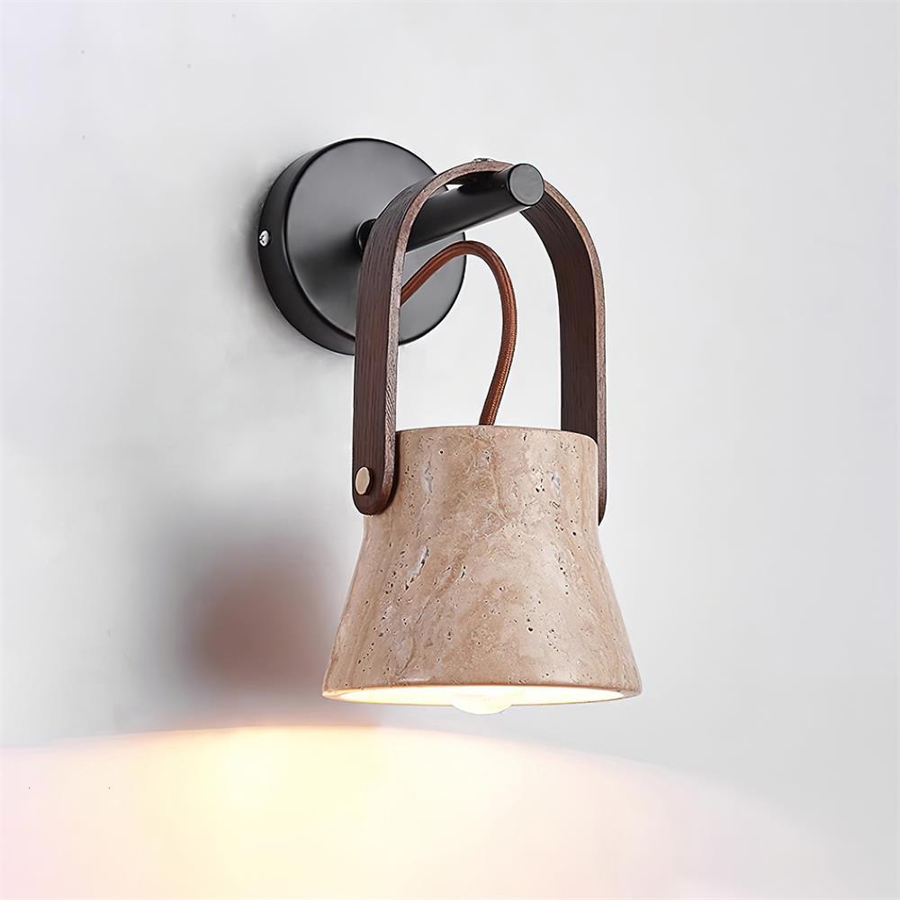Wall Lamp Metal Body Wood Strap Travertine Shade Minimalist - Letslighting