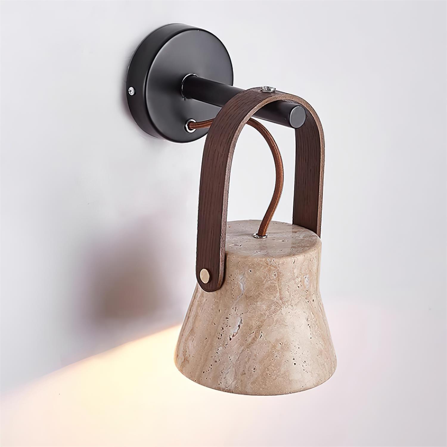 Wall Lamp Metal Body Wood Strap Travertine Shade Minimalist - Letslighting