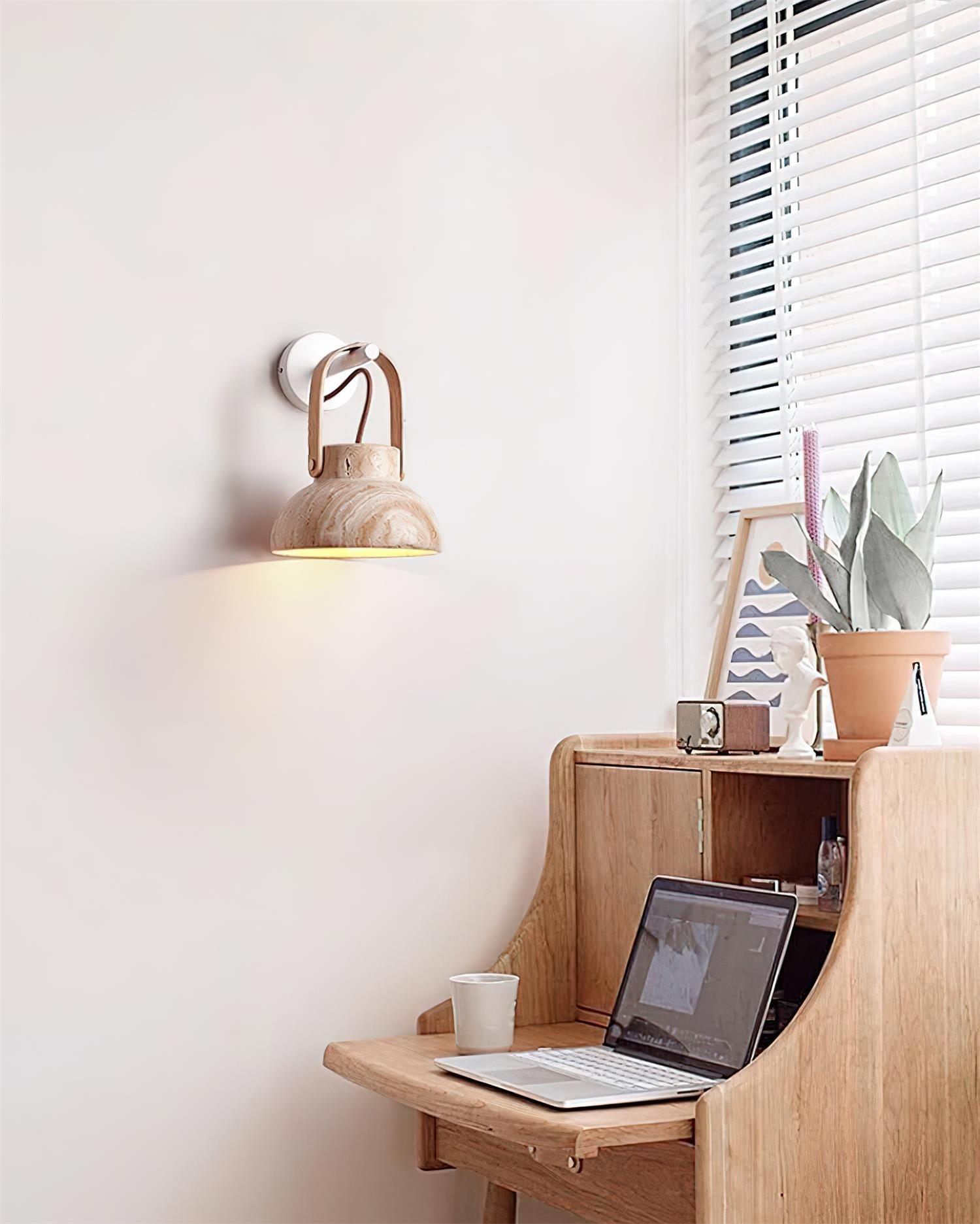 Wall Lamp Metal Body Wood Strap Travertine Shade Minimalist - Letslighting