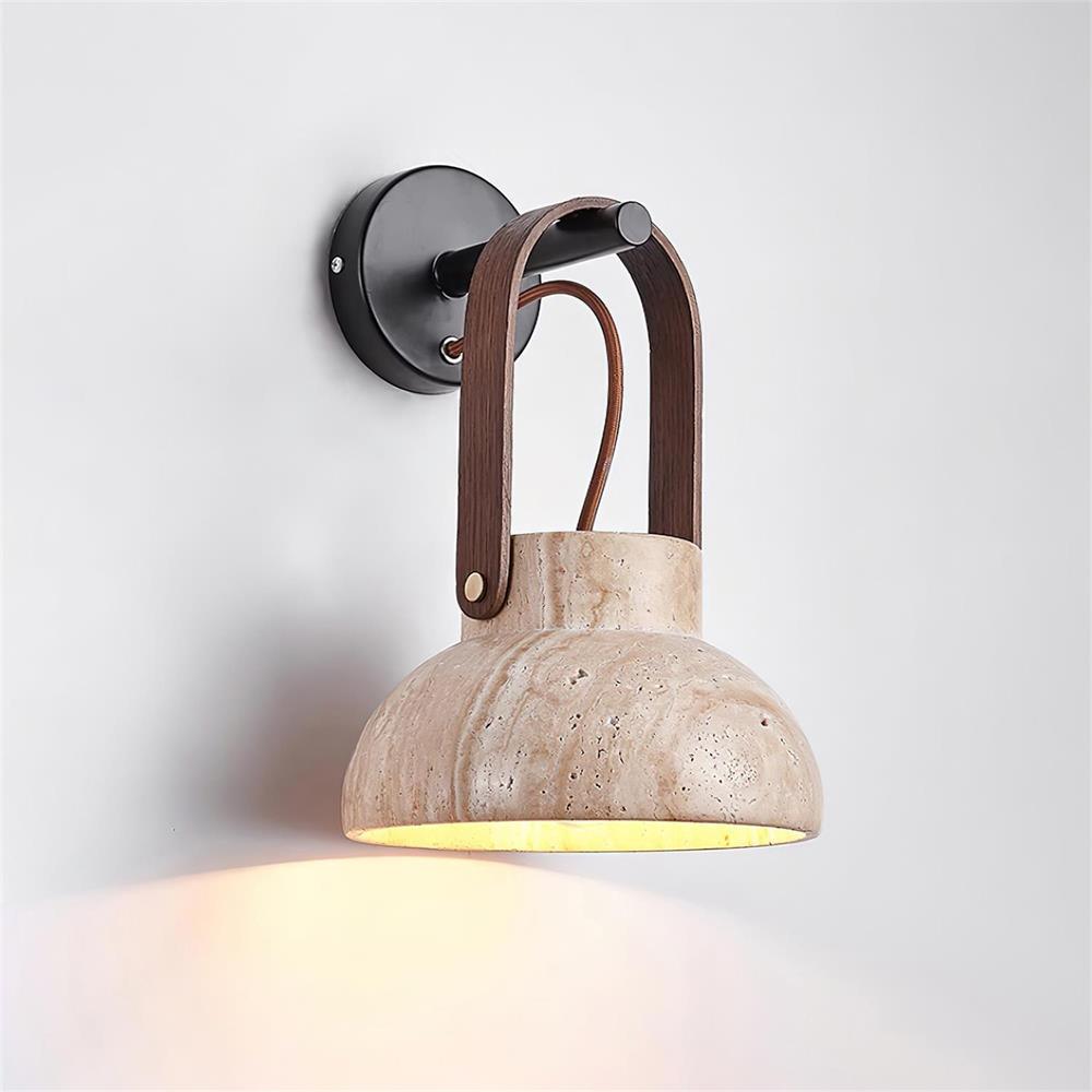 Wall Lamp Metal Body Wood Strap Travertine Shade Minimalist - Letslighting