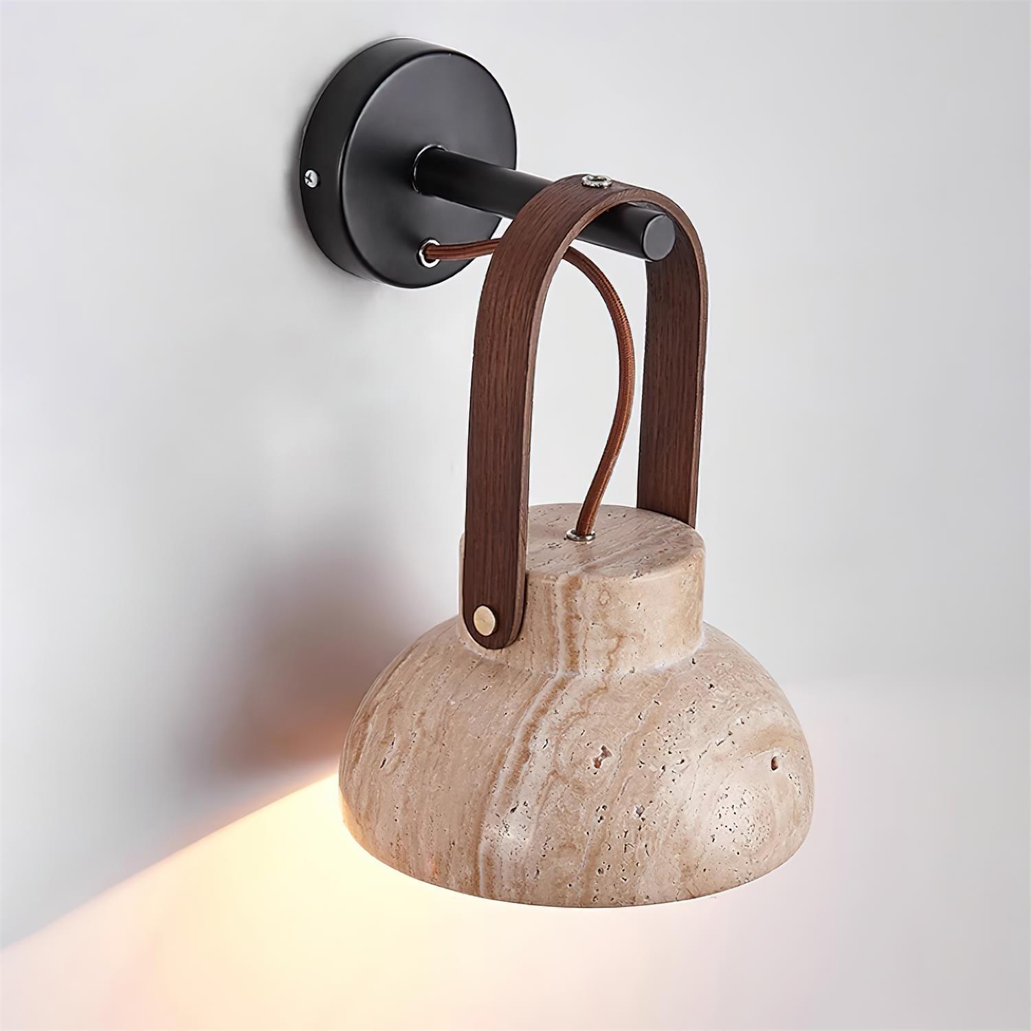 Wall Lamp Metal Body Wood Strap Travertine Shade Minimalist - Letslighting