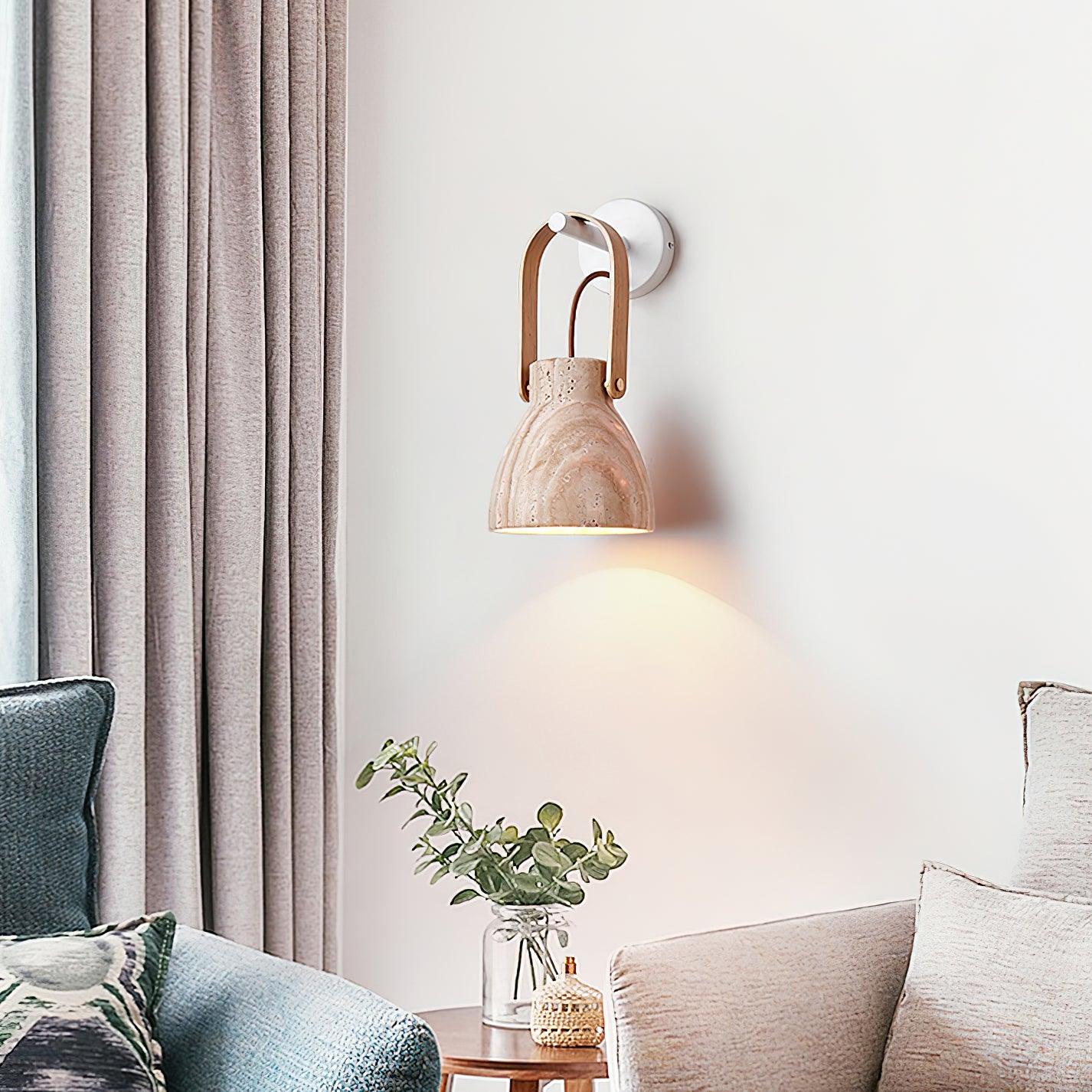 Wall Lamp Metal Body Wood Strap Travertine Shade Minimalist - Letslighting