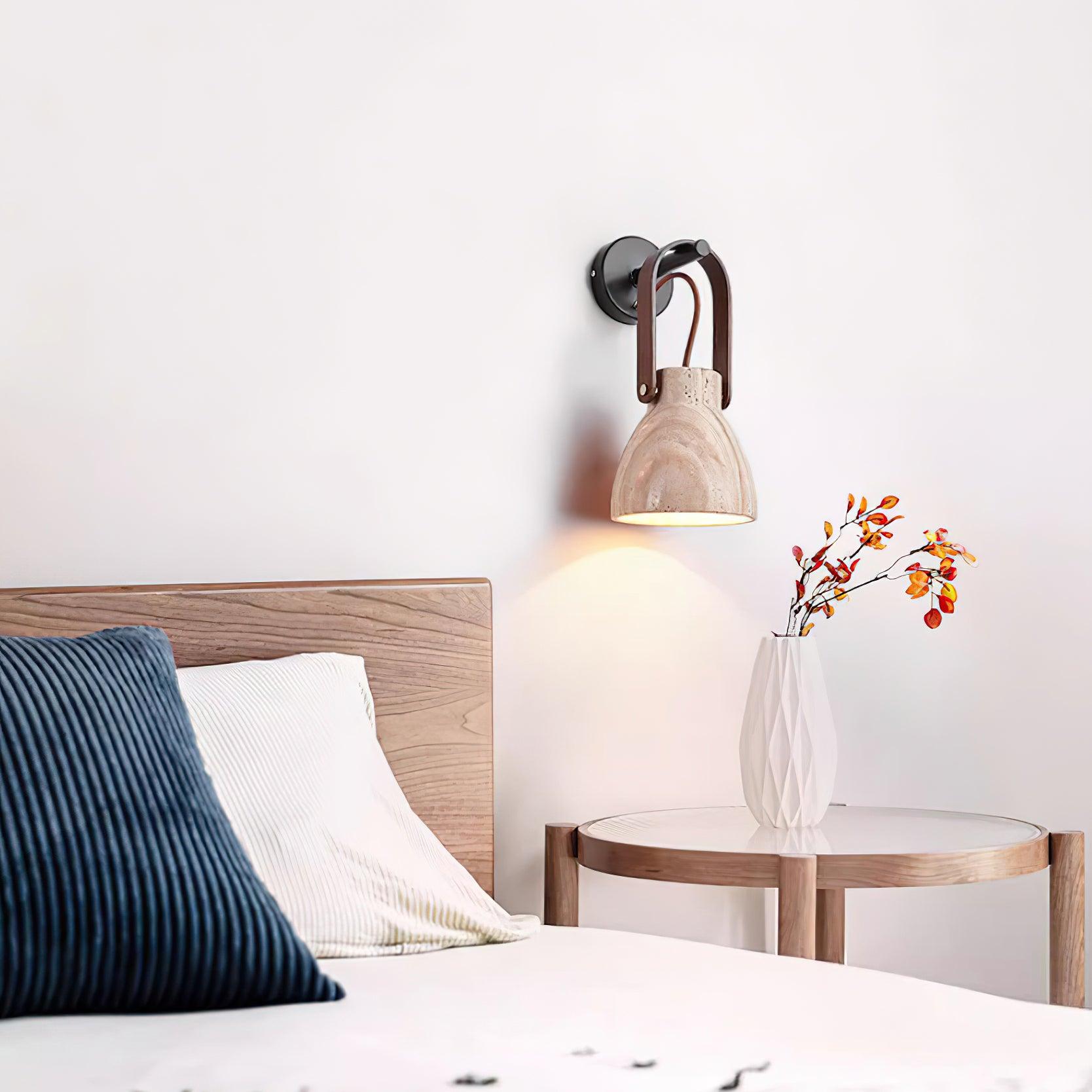 Wall Lamp Metal Body Wood Strap Travertine Shade Minimalist - Letslighting