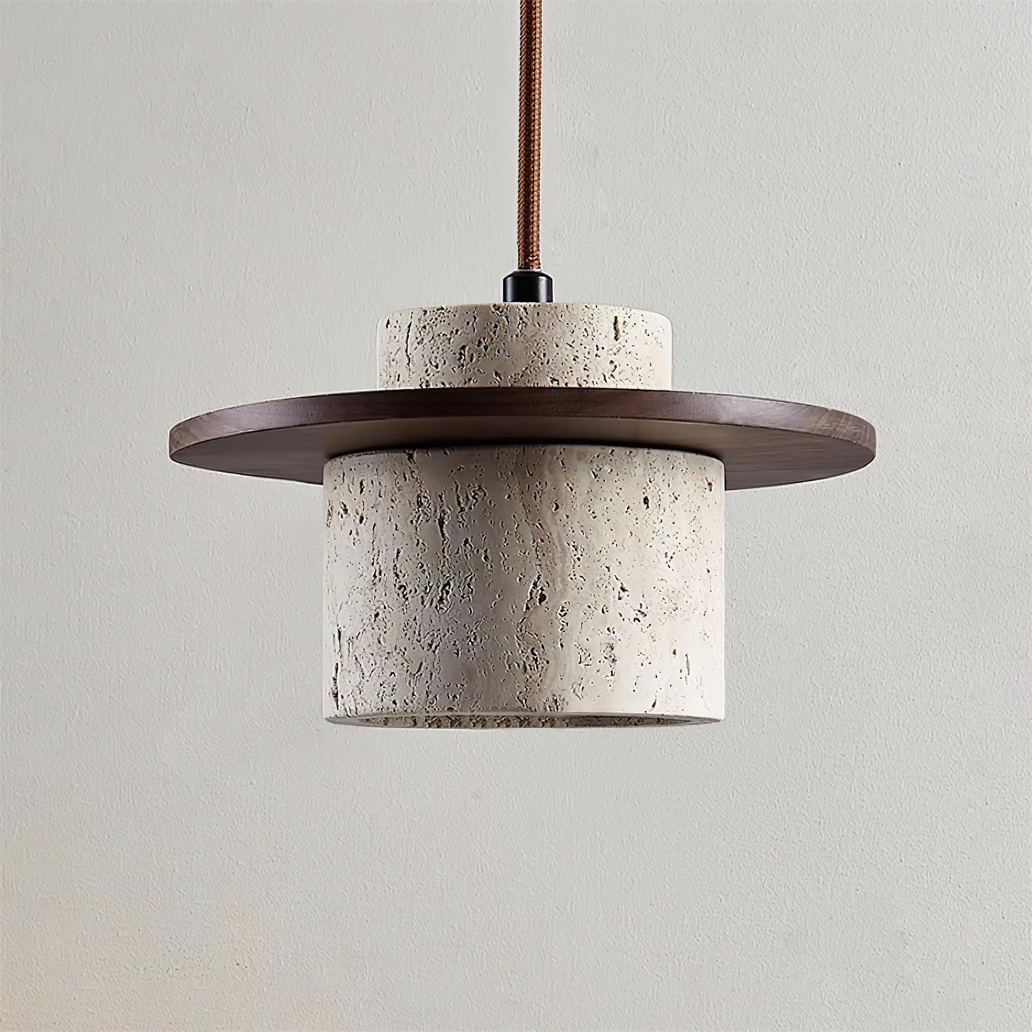 Pendant Lamp Travertine Cylinder Walnut Wood Disc Artisanal - Letslighting