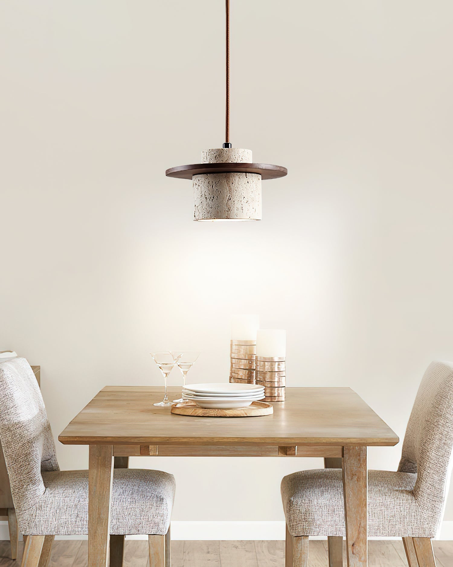 Ritta Pendant Light Travertine Cylinder Disc Wood - Letslighting
