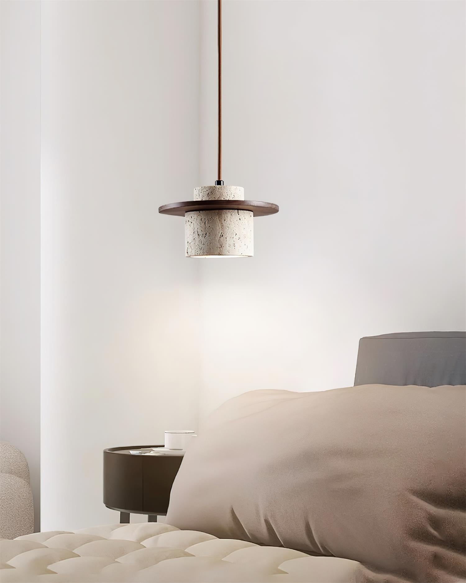 Pendant Lamp Travertine Cylinder Walnut Wood Disc Artisanal - Letslighting