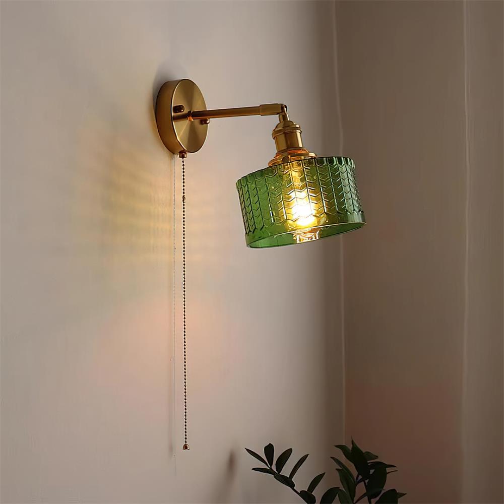 Wall Lamp Brass with Green/Clear Glass Shade and Pull Chain - Letslighting