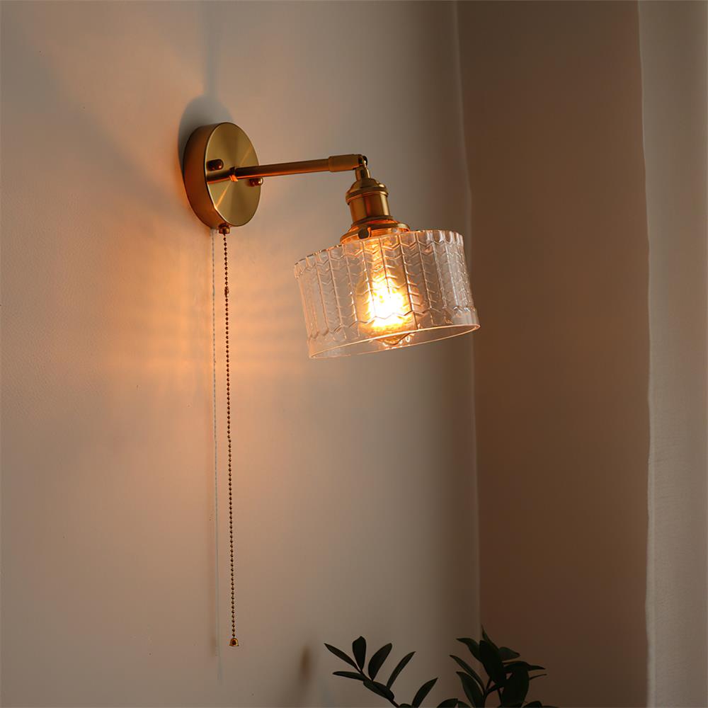 Wall Lamp Brass with Green/Clear Glass Shade and Pull Chain - Letslighting