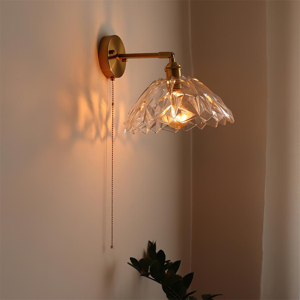 Wall Lamp Brass with Green/Clear Glass Shade and Pull Chain - Letslighting