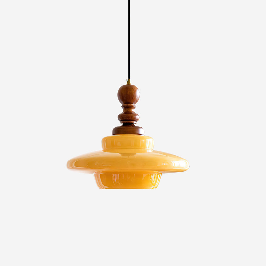 Pendelleuchte Gelbes Glas mit Walnussholz Akzent Retro-Letslighting