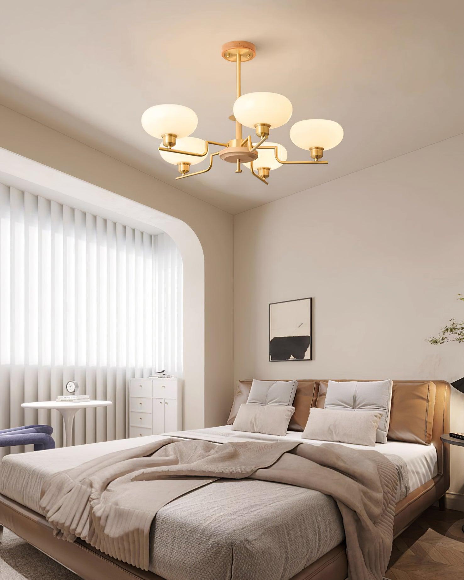 Kronleuchter Holz Messing Rahmen Glas Schirme Mittelalterlich Ambiente-Letslighting