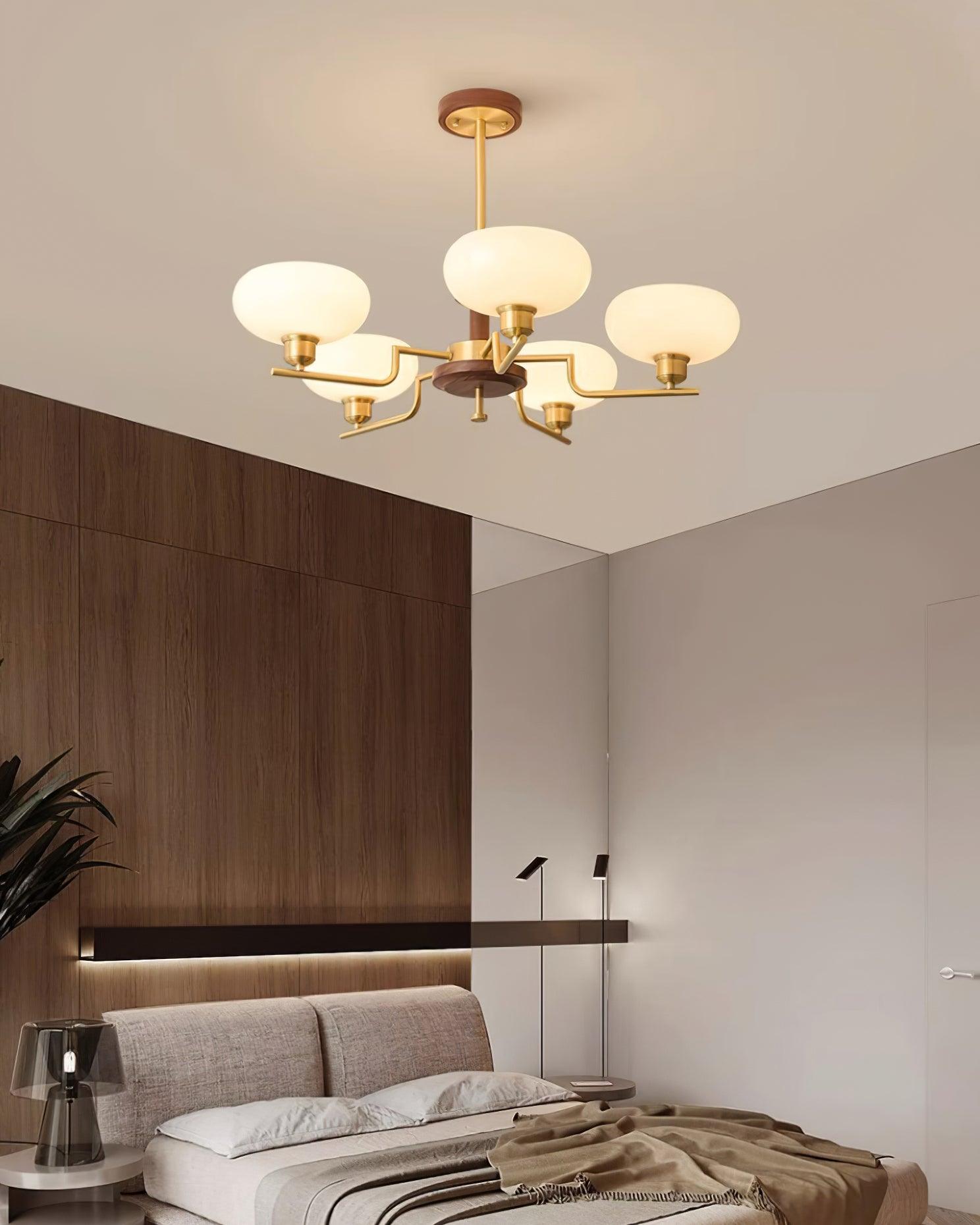 Kronleuchter Holz Messing Rahmen Glas Schirme Mittelalterlich Ambiente-Letslighting