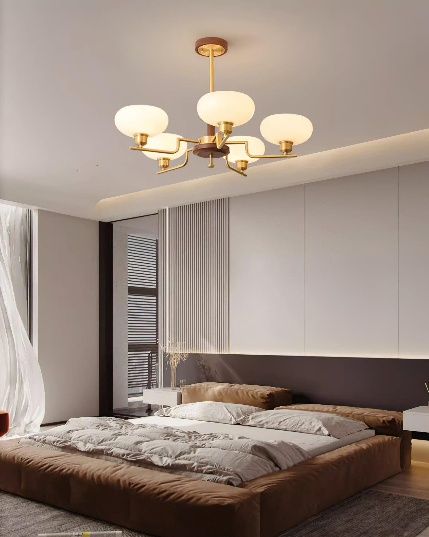 Kronleuchter Holz Messing Rahmen Glas Schirme Mittelalterlich Ambiente-Letslighting