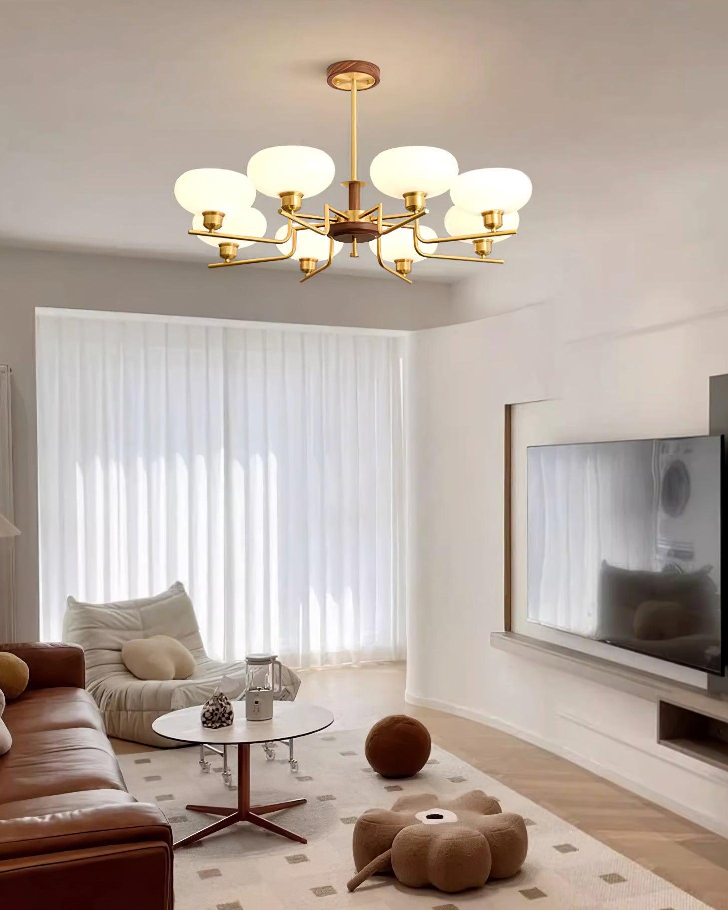 Kronleuchter Holz Messing Rahmen Glas Schirme Mittelalterlich Ambiente-Letslighting