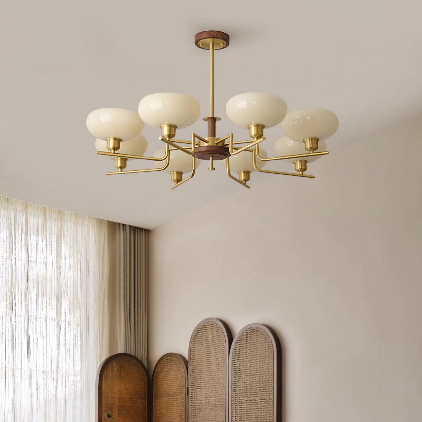 Kronleuchter Holz Messing Rahmen Glas Schirme Mittelalterlich Ambiente-Letslighting