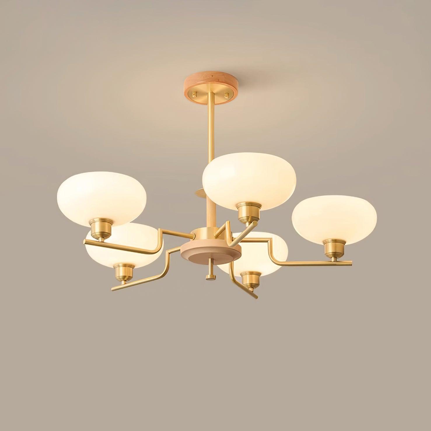 Kronleuchter Holz Messing Rahmen Glas Schirme Mittelalterlich Ambiente-Letslighting