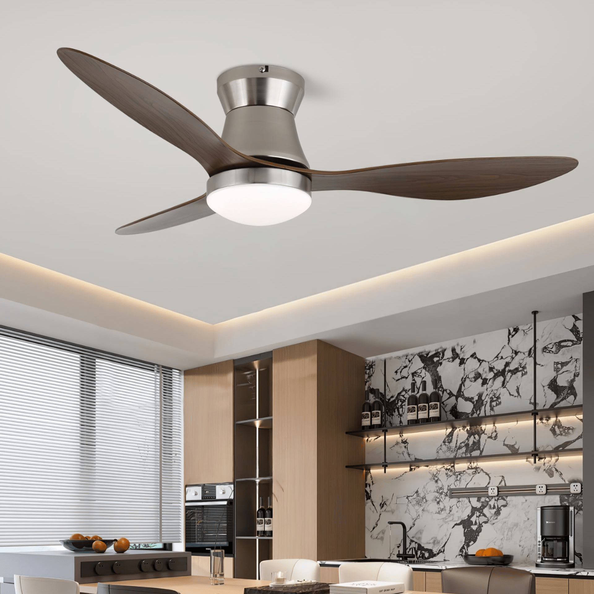 Zerath Deckenventilator mit Licht, der seine integrierte LED-Lichtquelle zeigt