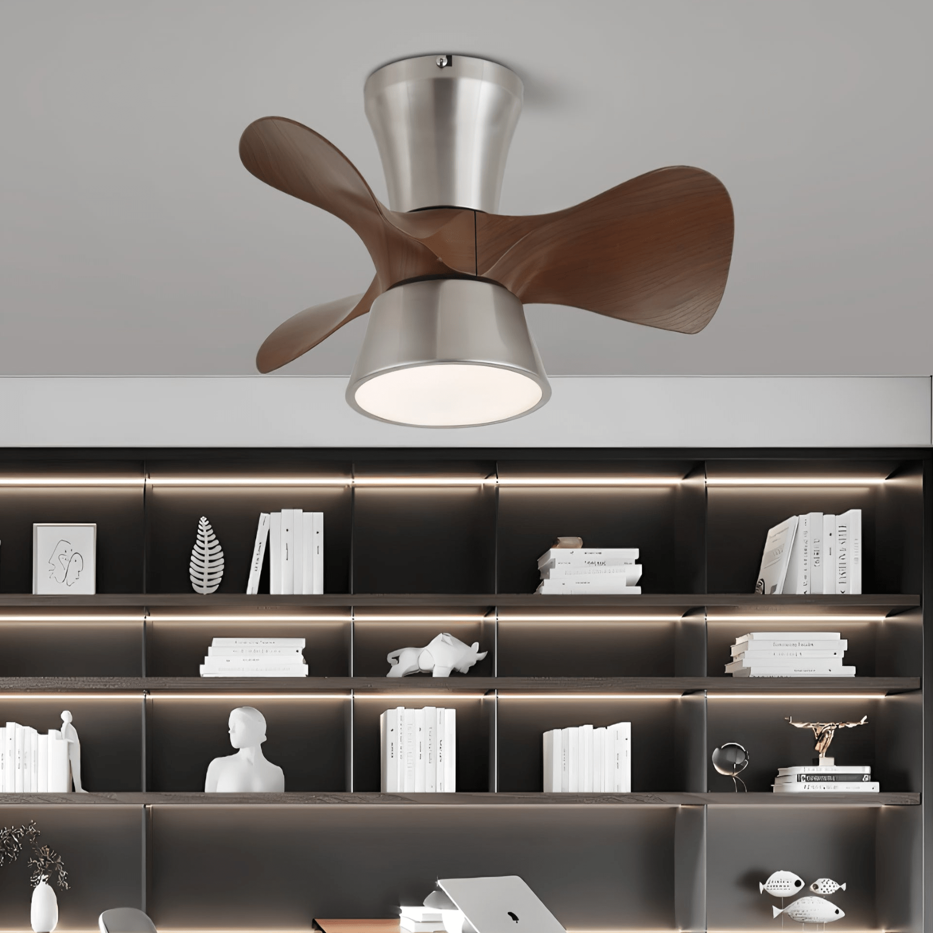 Nera Moderner Holz-Deckenventilator mit Beleuchtung, Seitenansicht