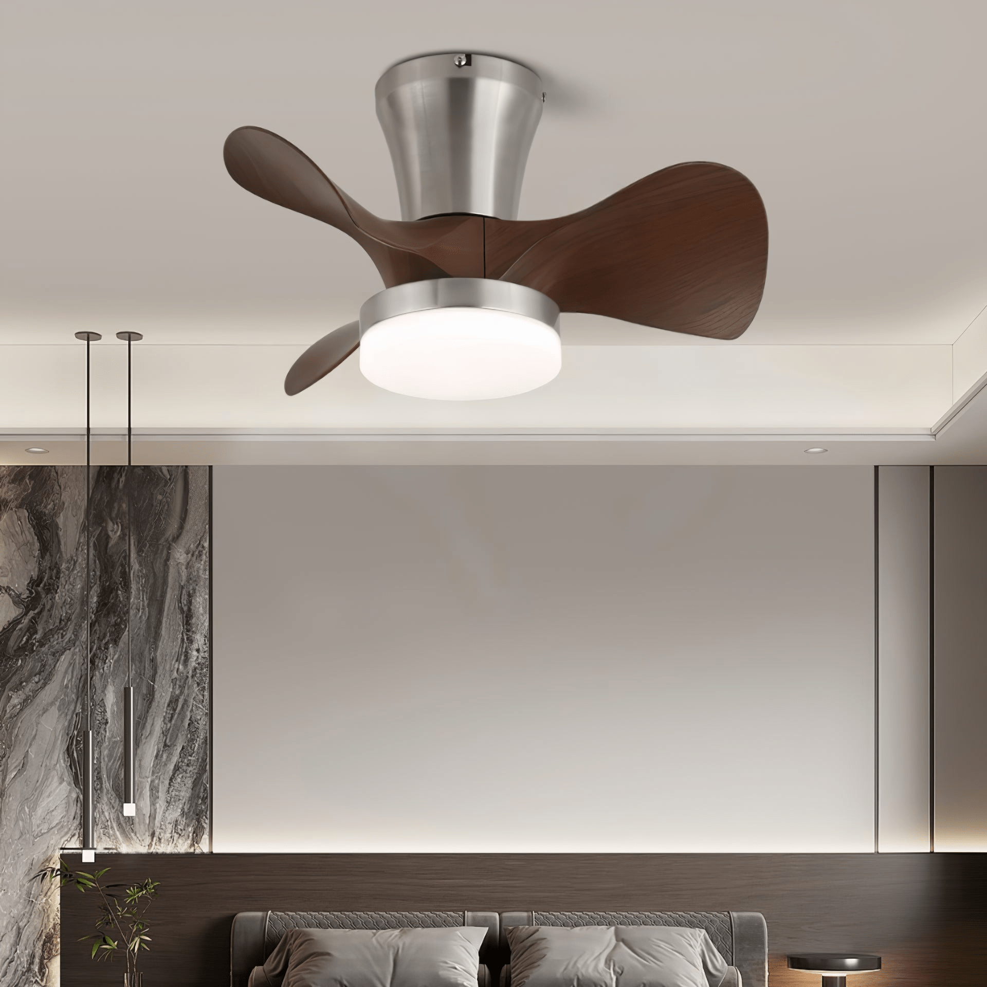 Nera Moderner Holz-Deckenventilator mit Beleuchtung, Nahaufnahme der Flügel