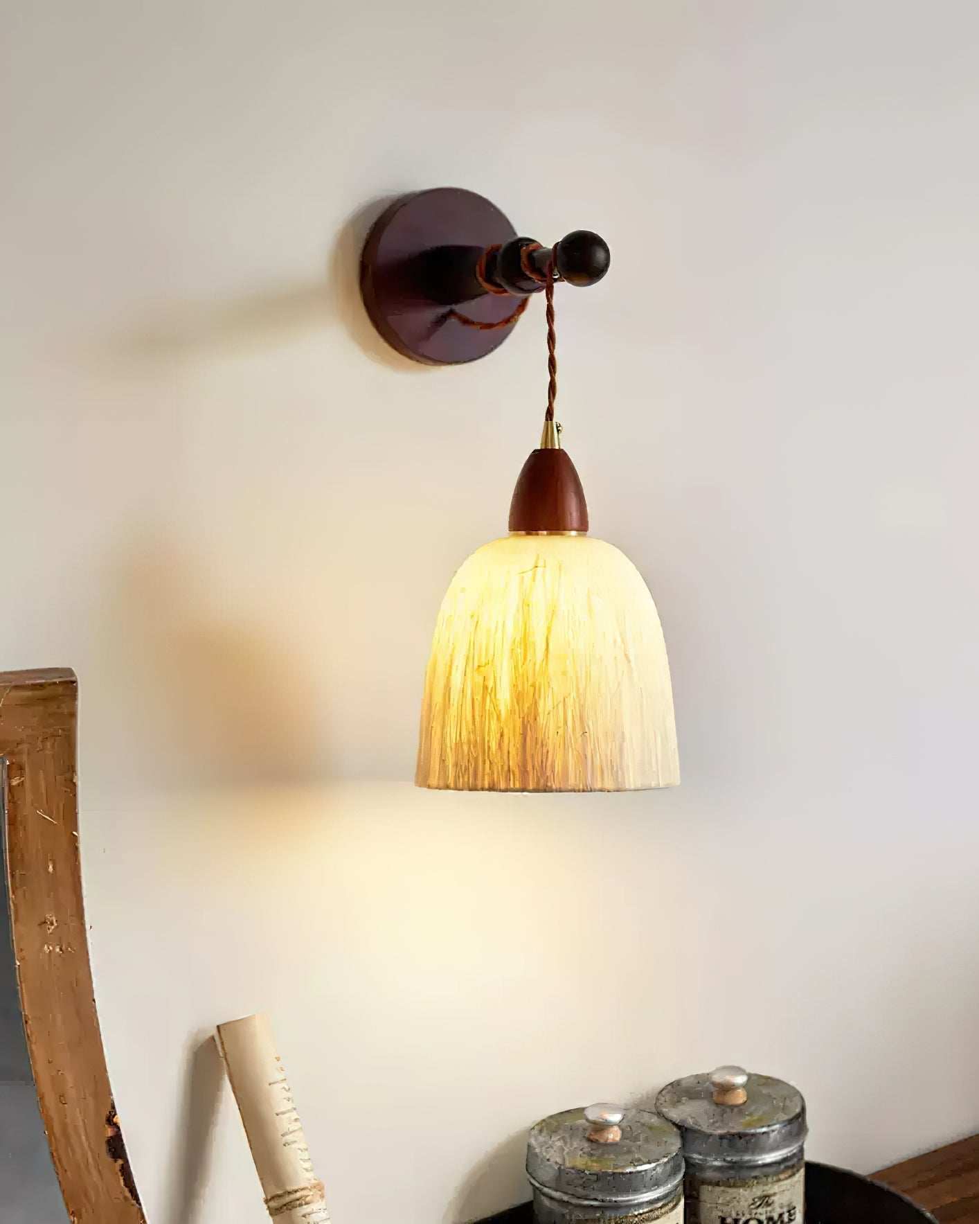 Wall Lamp Rice Paper Shade Wood Arm - Letslighting