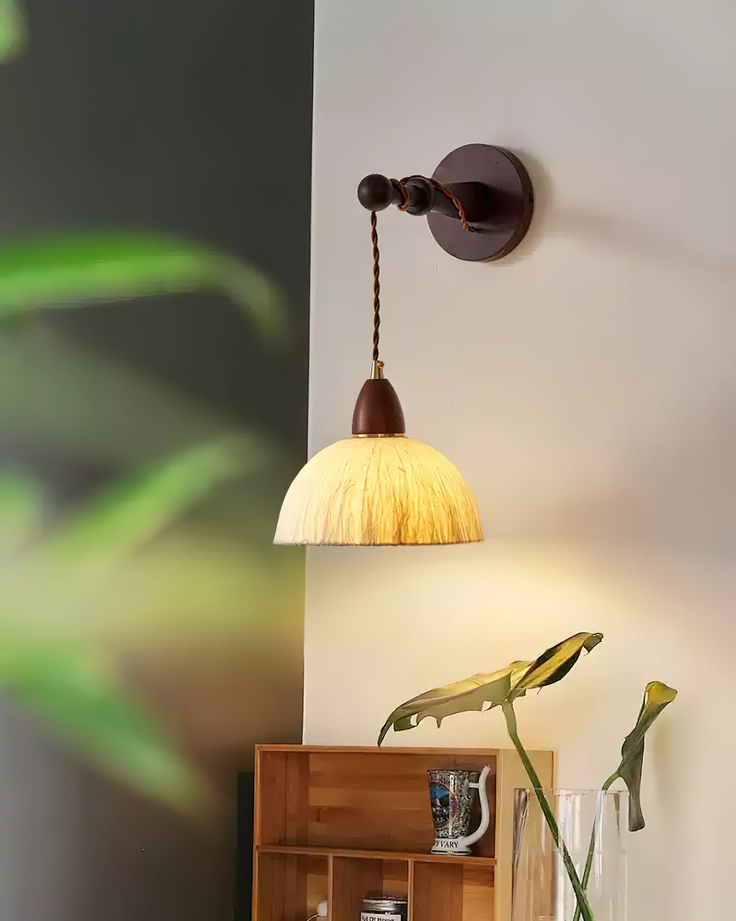 Wall Lamp Rice Paper Shade Wood Arm - Letslighting