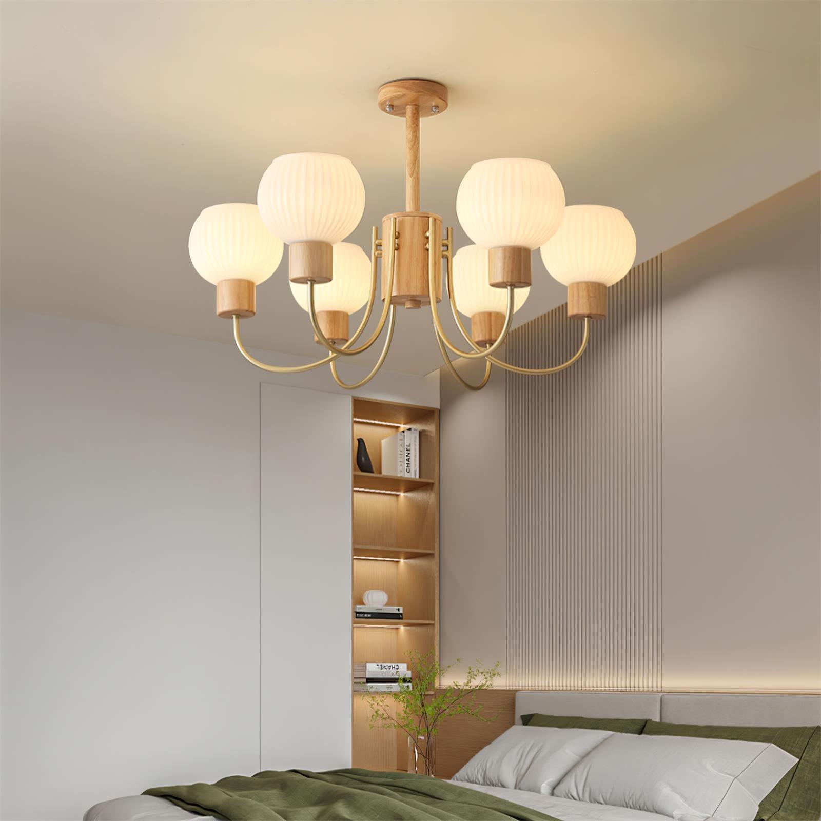 Lustra Kronleuchter Holz 6 Lichter Elegant Glas-Letslighting