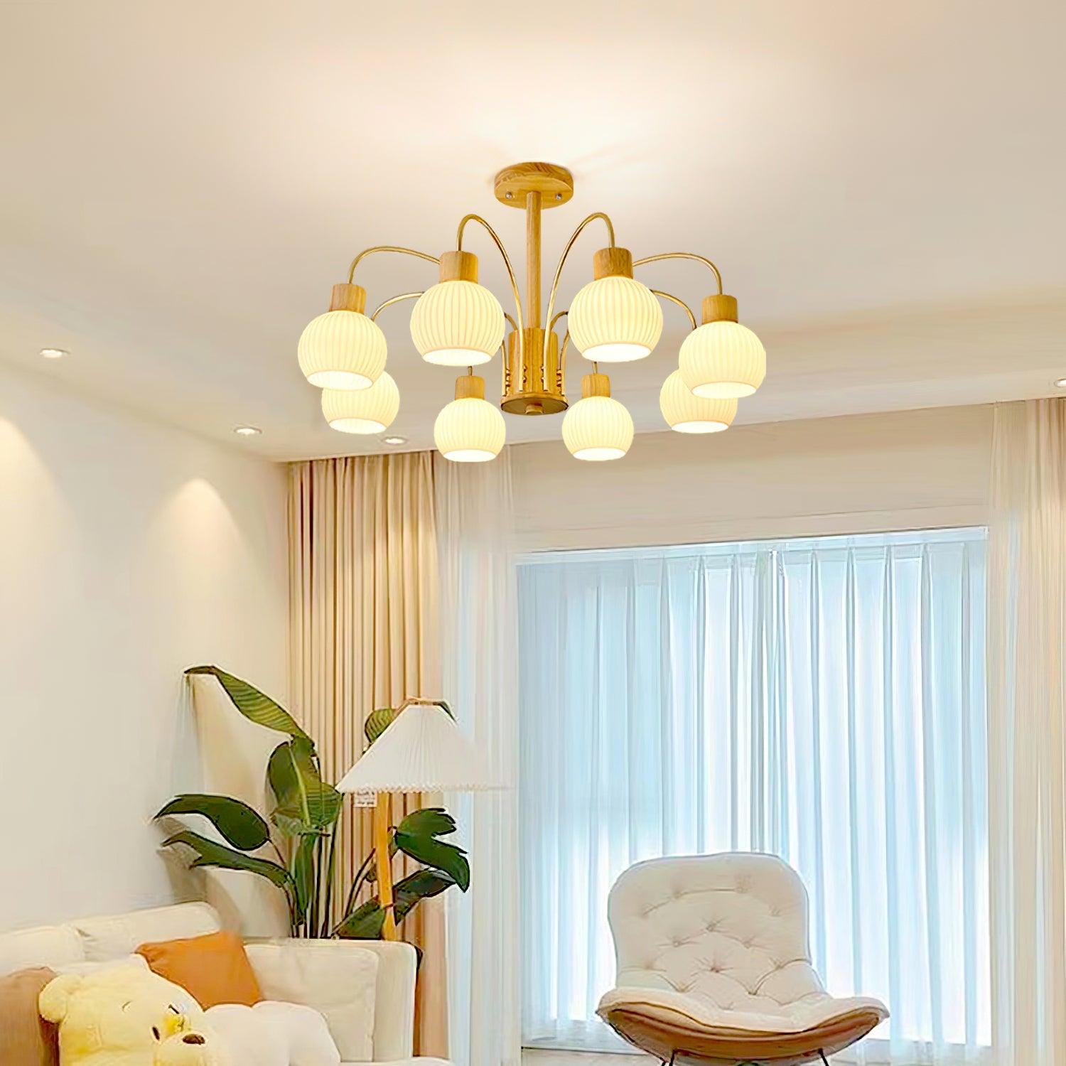 Lustra Kronleuchter Holz 6 Lichter Elegant Glas-Letslighting