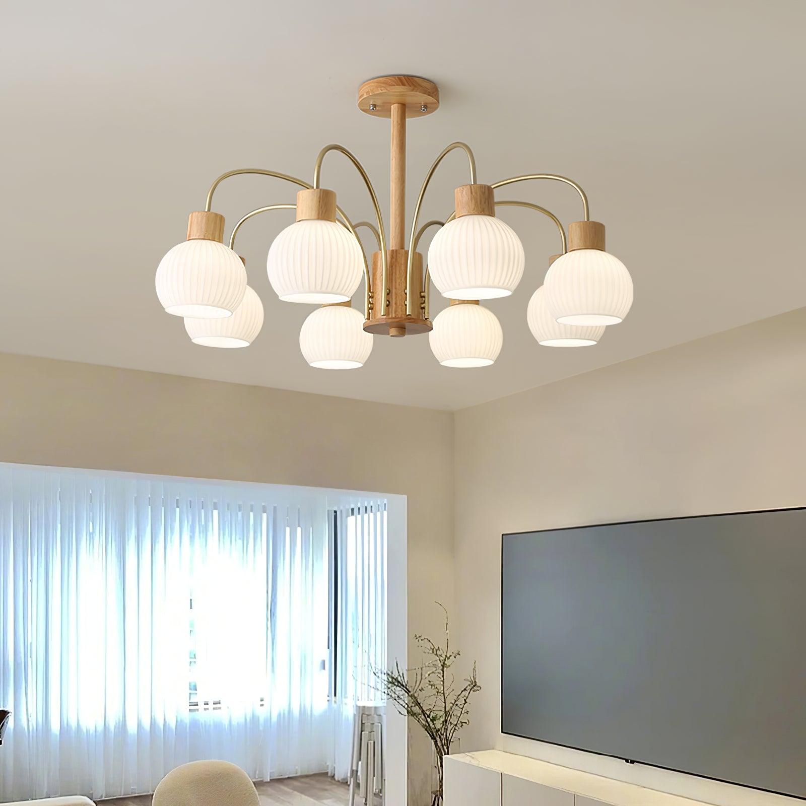 Lustra Kronleuchter Holz 6 Lichter Elegant Glas-Letslighting