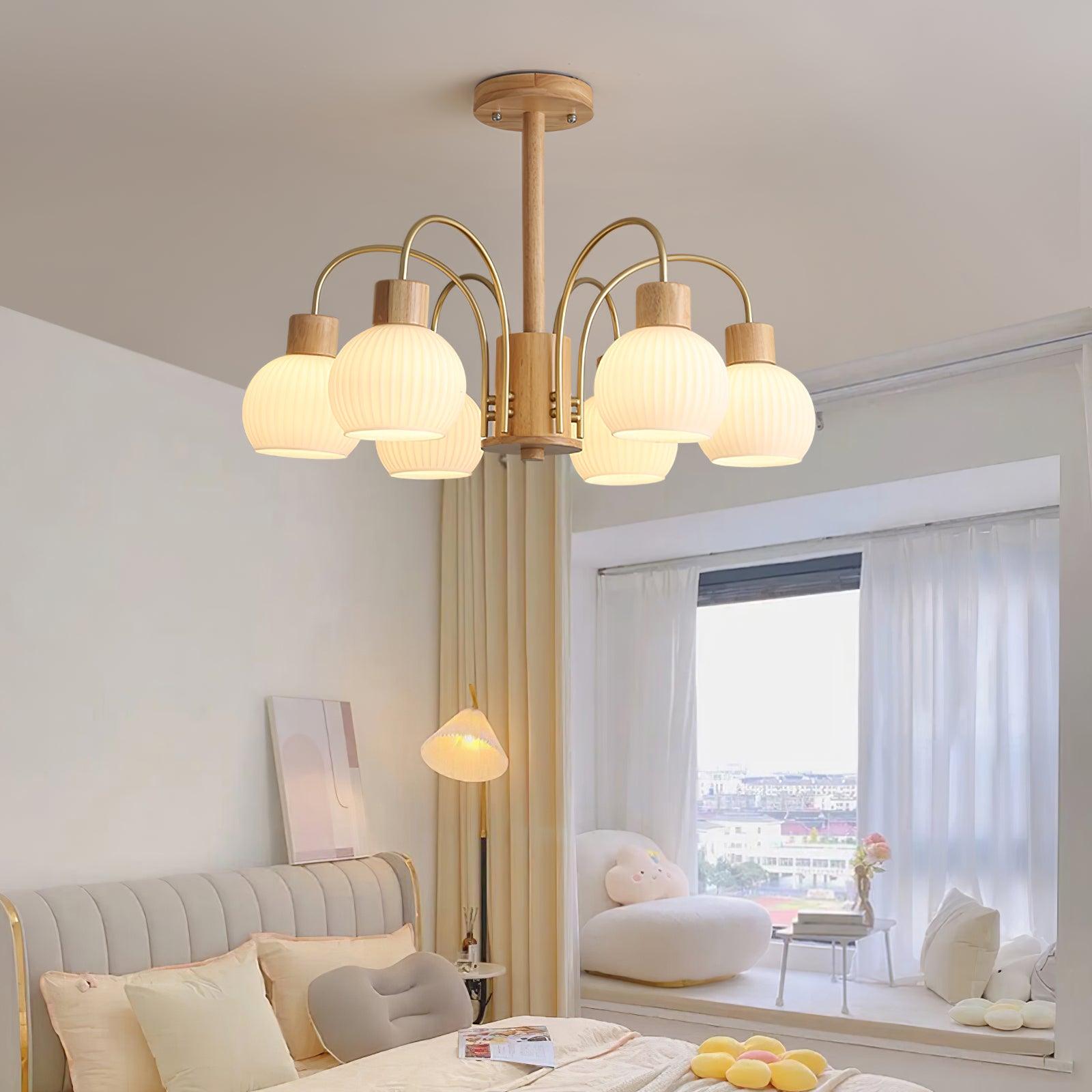 Lustra Kronleuchter Holz 6 Lichter Elegant Glas-Letslighting