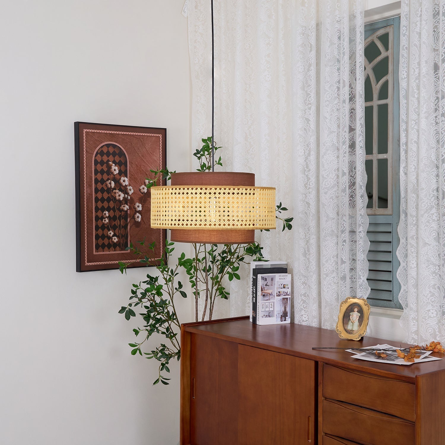 Zerither Rattan Stoff Anhänger Licht-Letslighting