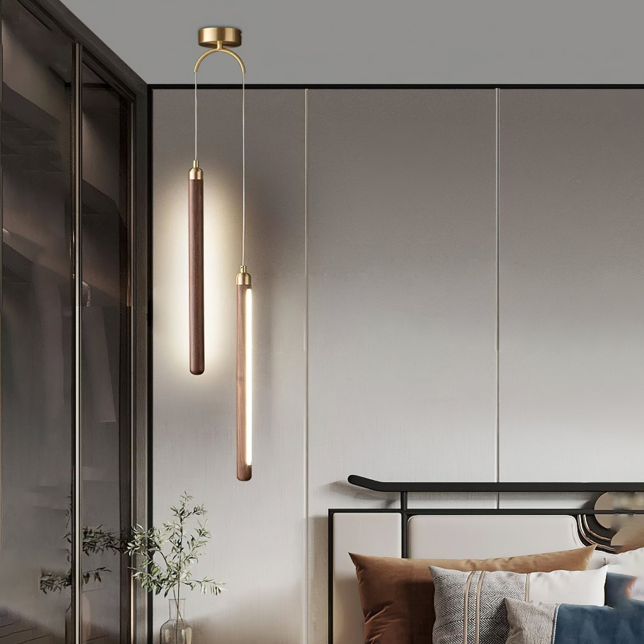 Kyoto Lineare Pendelleuchte aus Walnuss-Messing-Letslighting