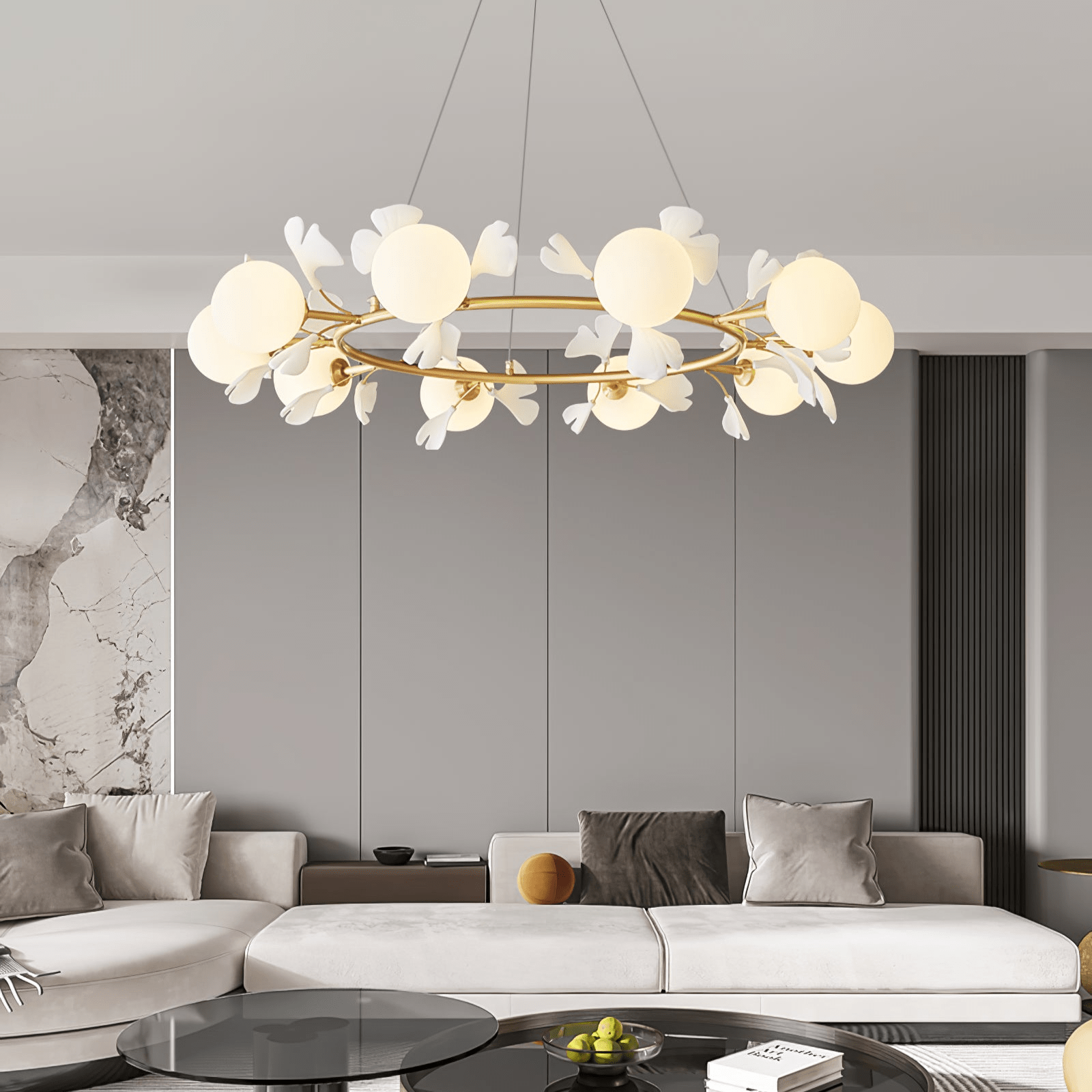 Olivia Keramik Gingko Blume Messing Kronleuchter-Letslighting