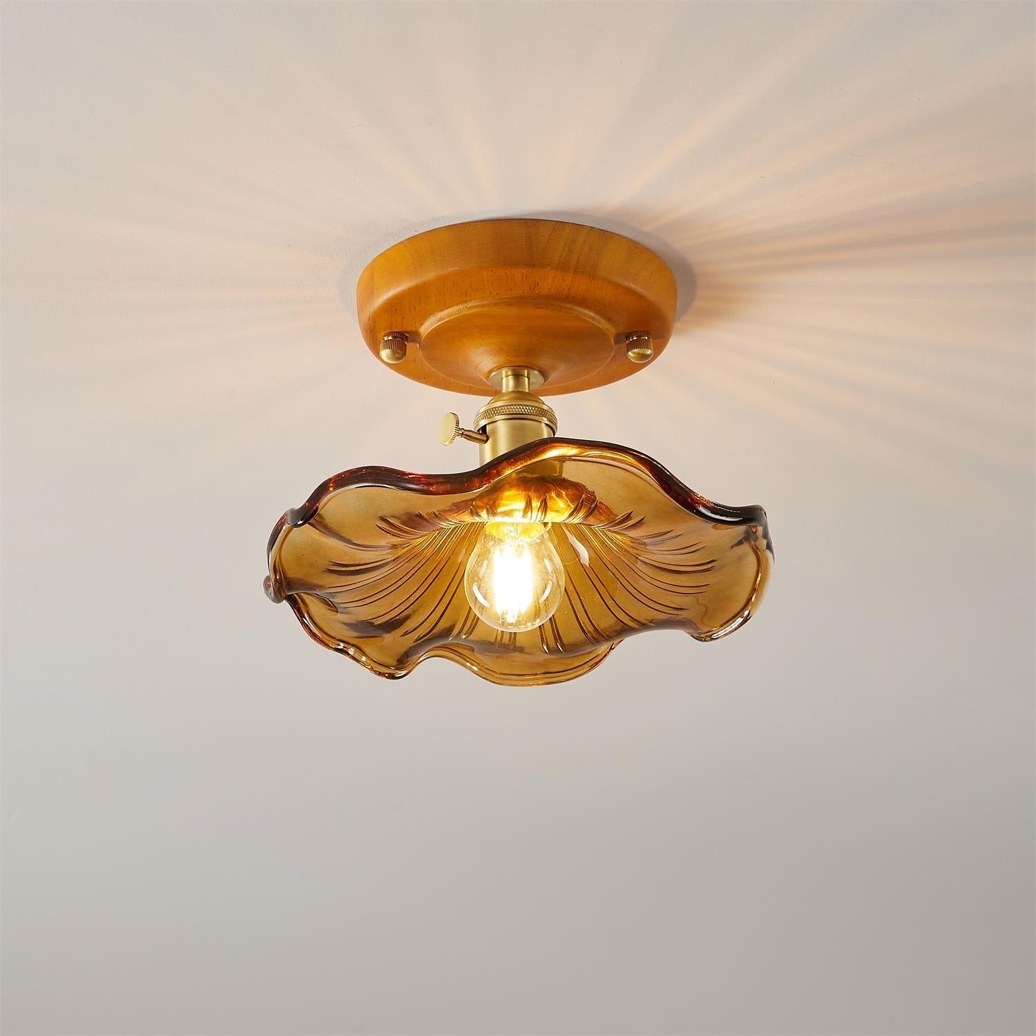 Ceiling Light Wood Canopy Brass & Glass Shade Vintage Floral Farmhouse - Letslighting