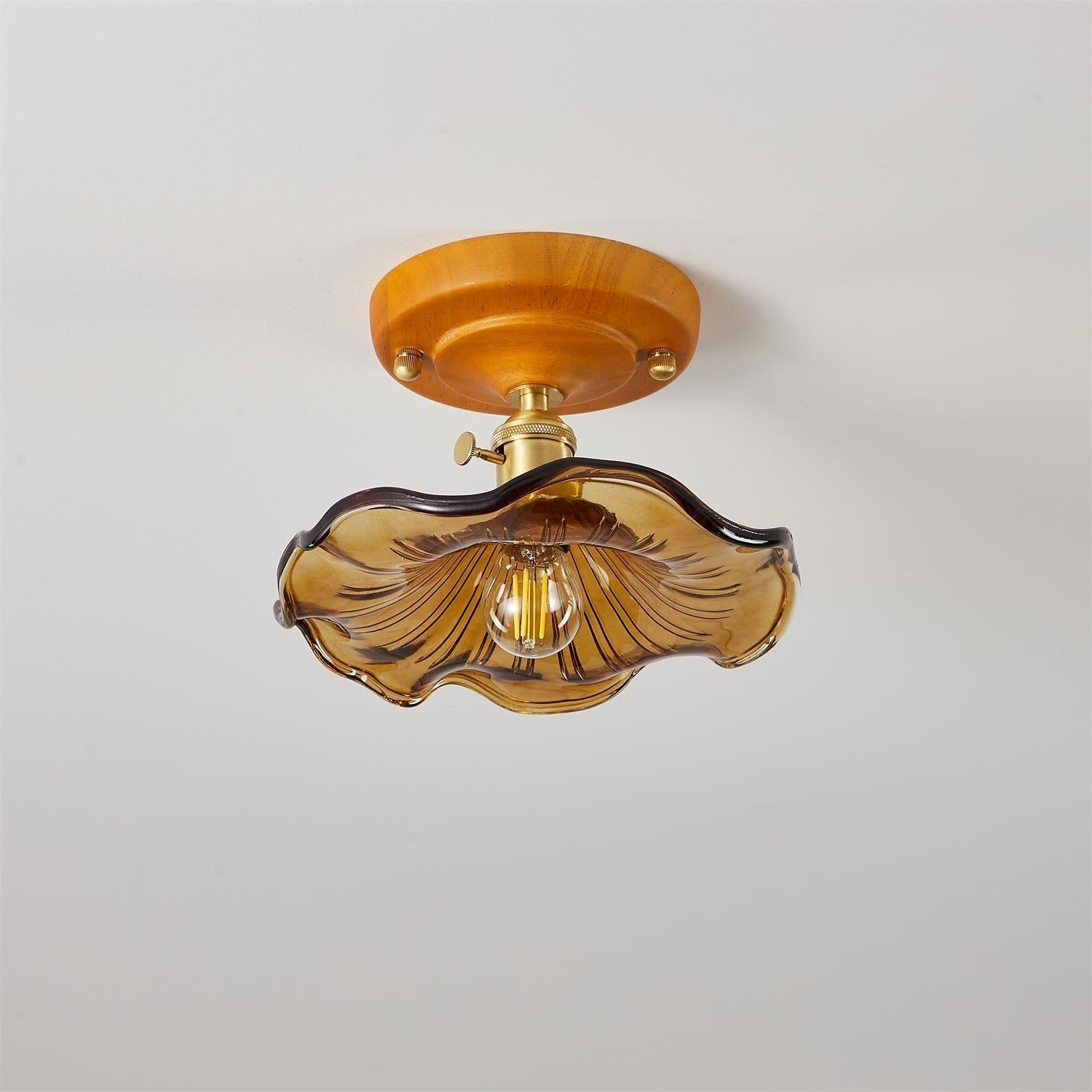 Ceiling Light Wood Canopy Brass & Glass Shade Vintage Floral Farmhouse - Letslighting