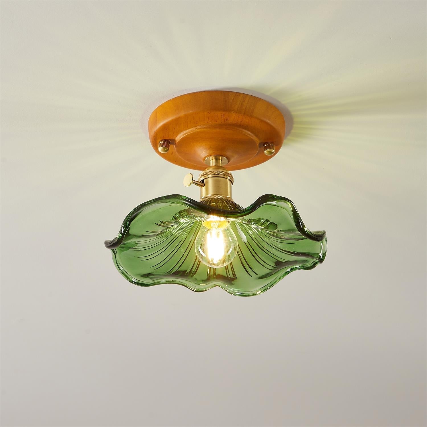 Ceiling Light Wood Canopy Brass & Glass Shade Vintage Floral Farmhouse - Letslighting