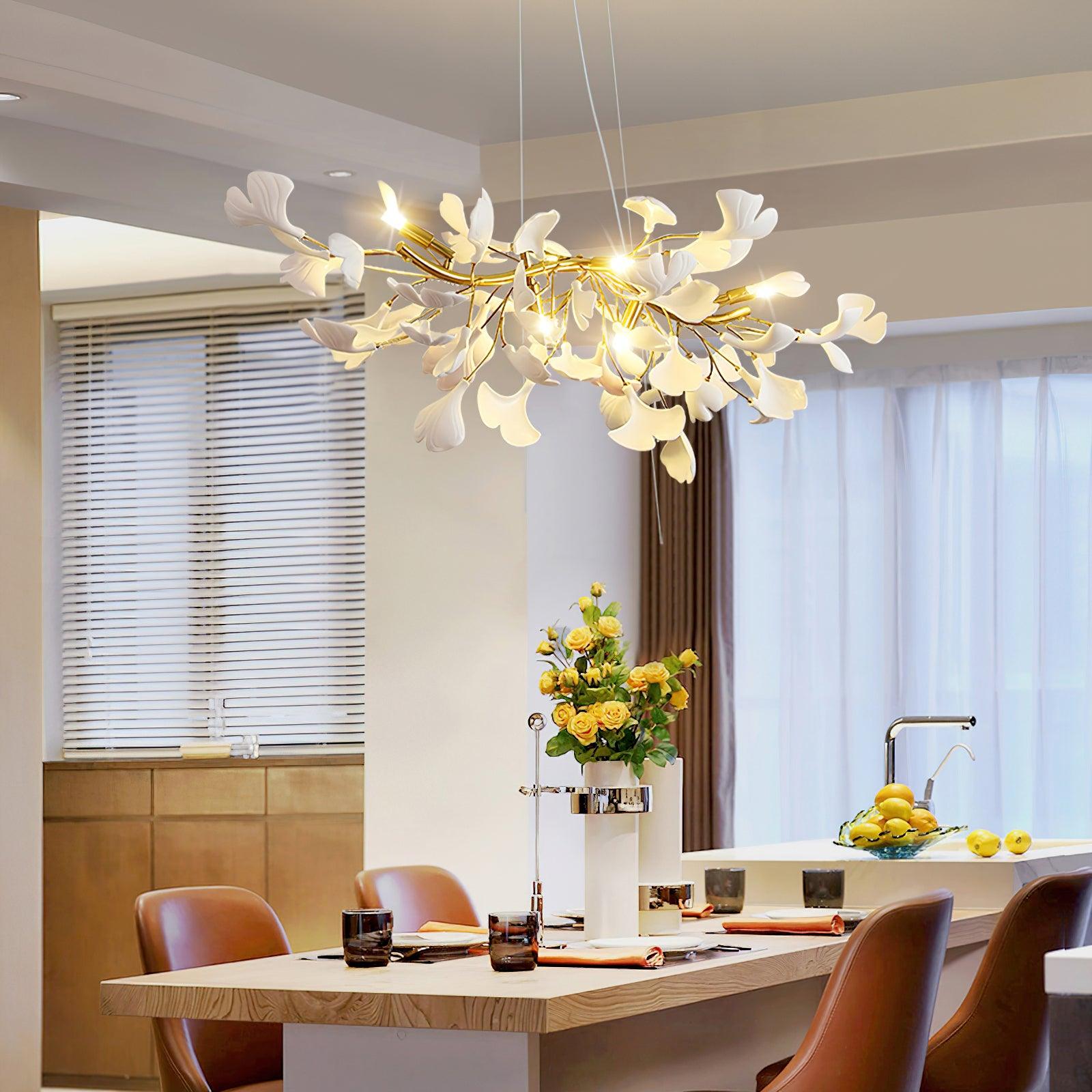 Olivia Linearer Kronleuchter aus Keramik mit Gingko-Muster-Letslighting