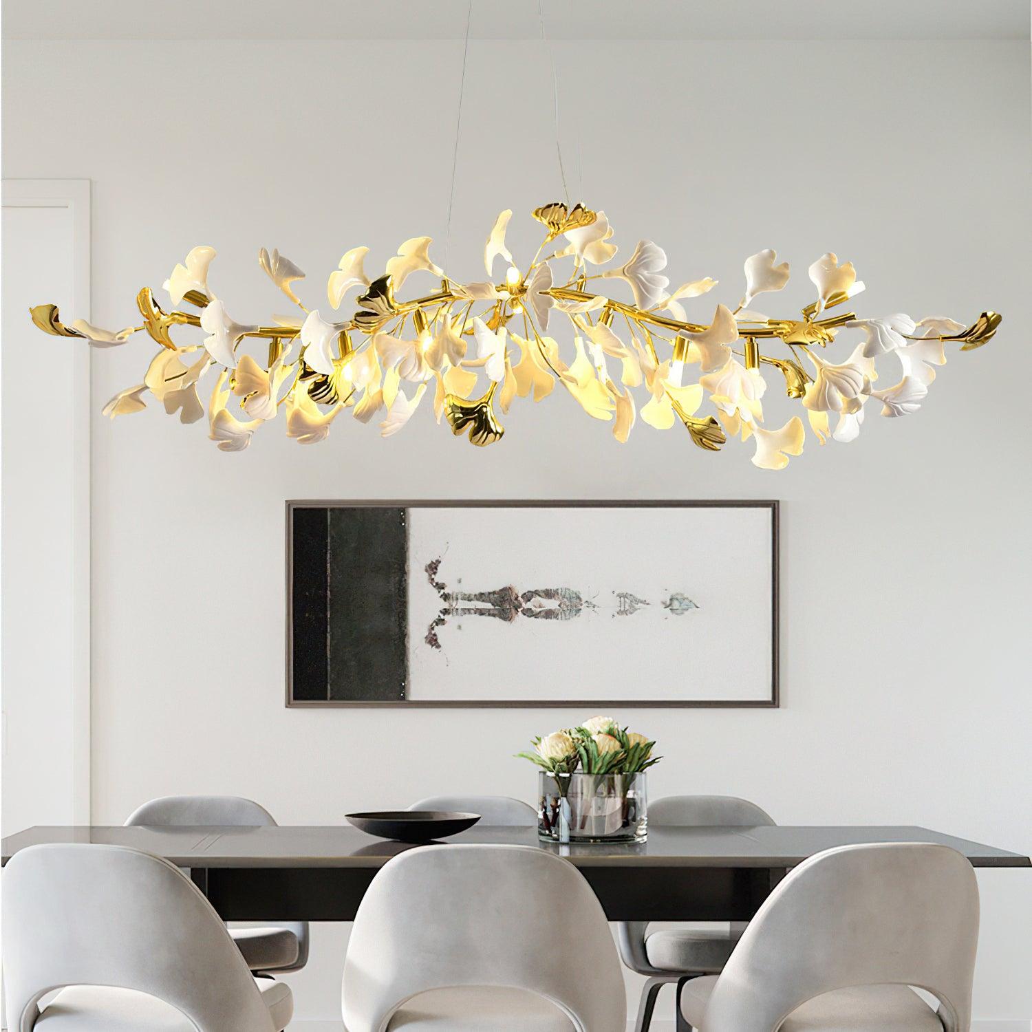 Olivia Linearer Kronleuchter aus Keramik mit Gingko-Muster-Letslighting