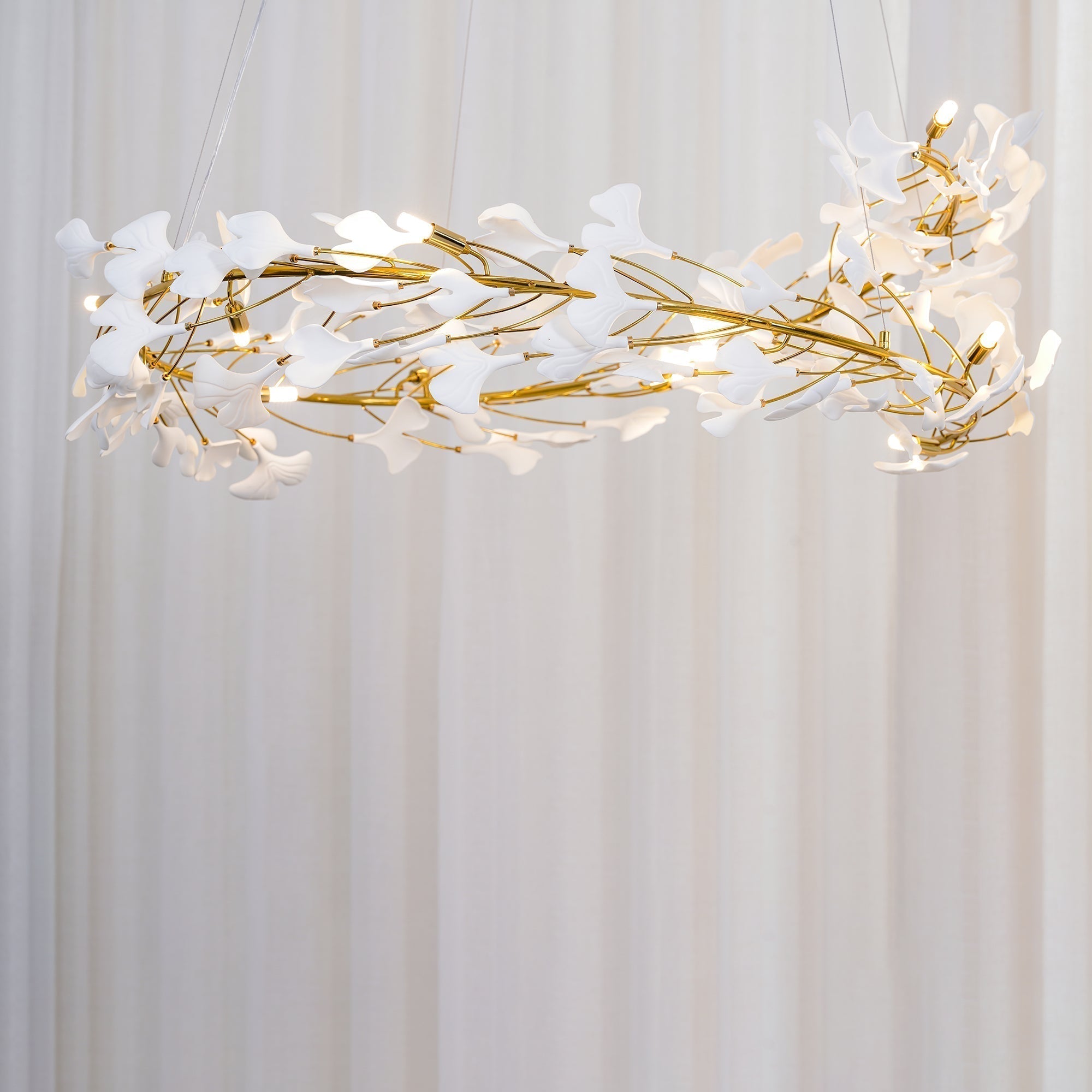 Lustra Lampe Pendante Gingko Porcelaine Feuilles Or-Letslighting