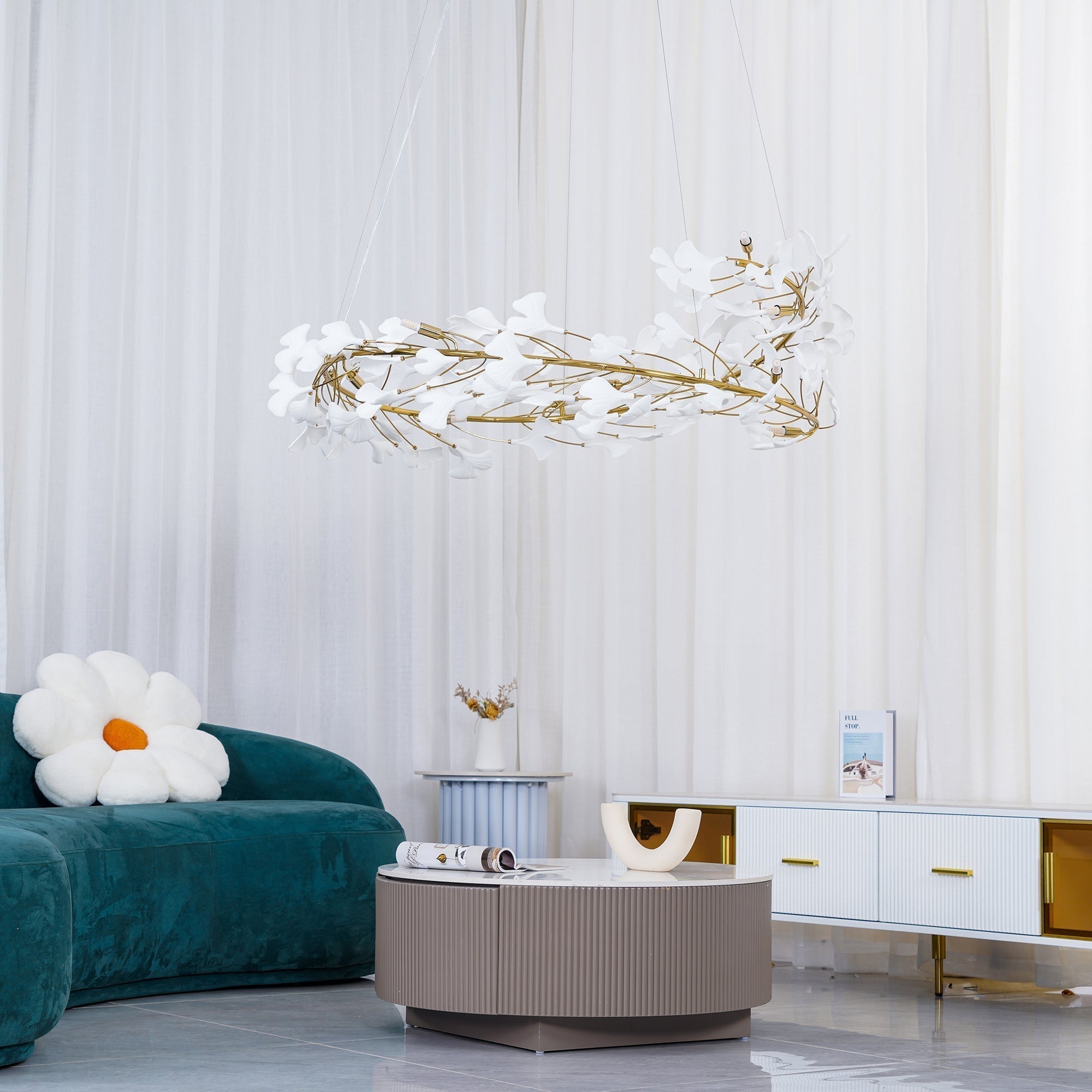 Lustra Lampe Pendante Gingko Porcelaine Feuilles Or-Letslighting