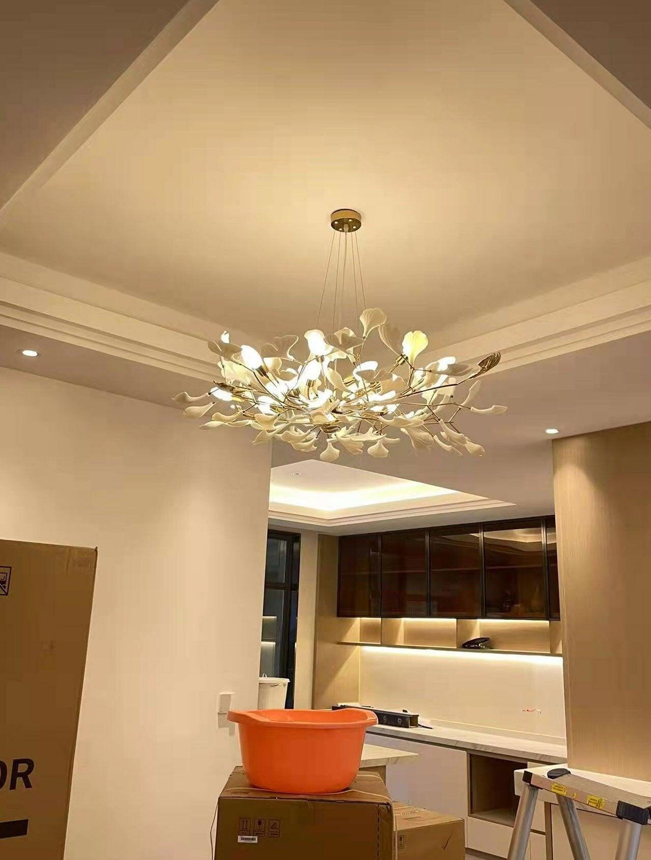 Chandelier White Ceramic Ginkgo Petals Gold - Letslighting