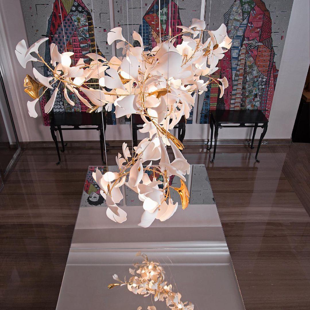 Chandelier White Ceramic Ginkgo Petals Gold - Letslighting