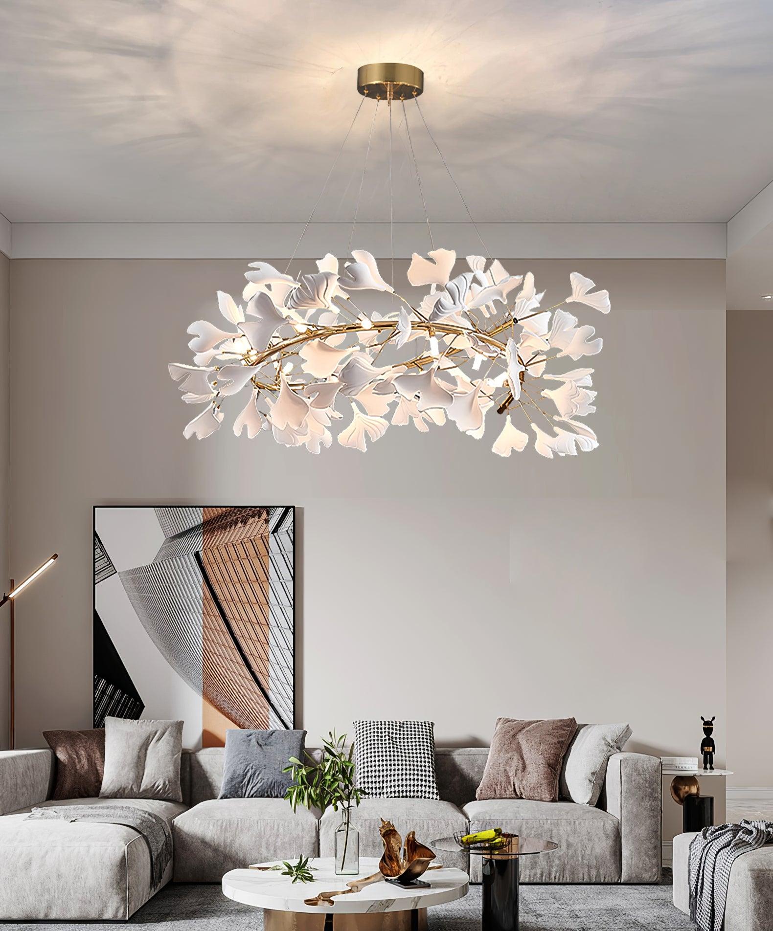 Lustra Lampe Pendante Gingko Porcelaine Feuilles Or-Letslighting
