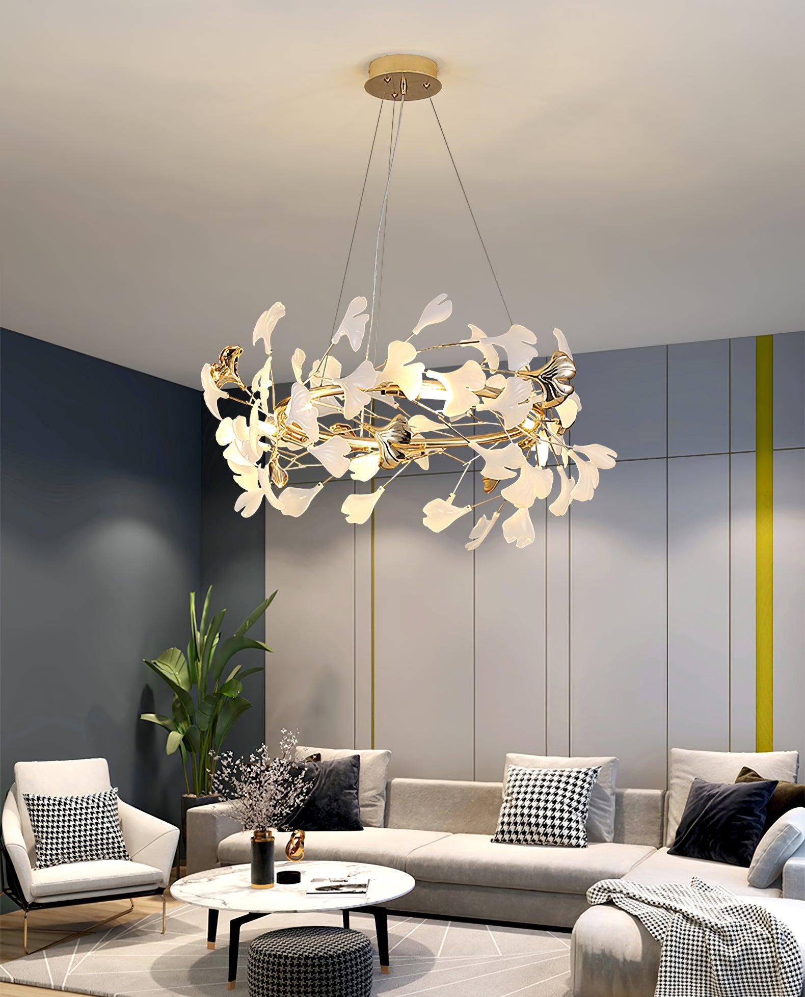 Lustra Lampe Pendante Gingko Porcelaine Feuilles Or-Letslighting