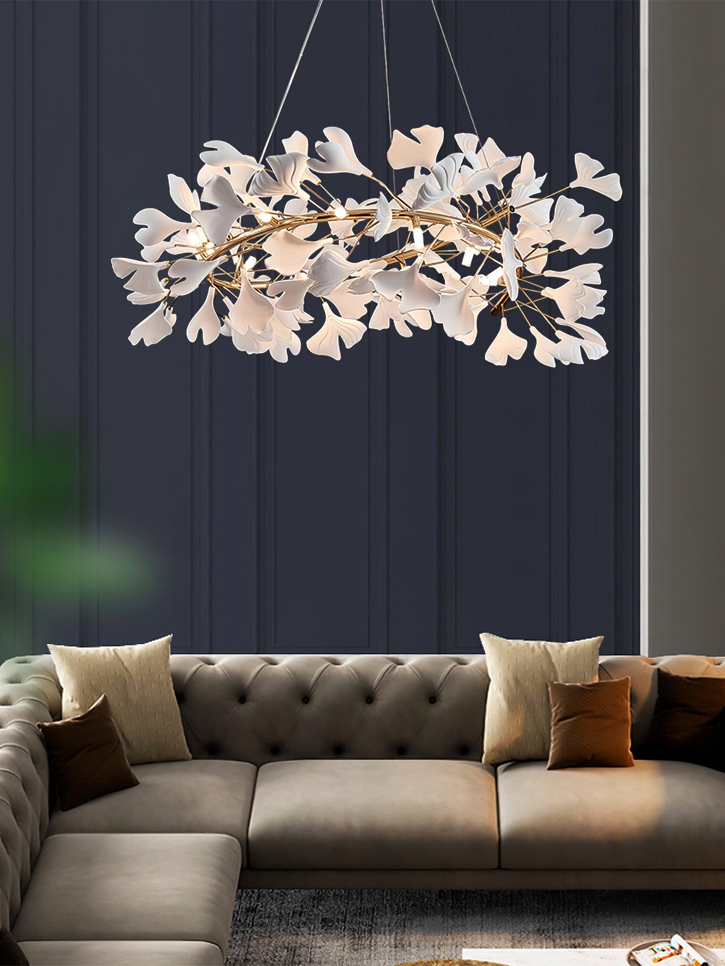 Lustra Lampe Pendante Gingko Porcelaine Feuilles Or-Letslighting