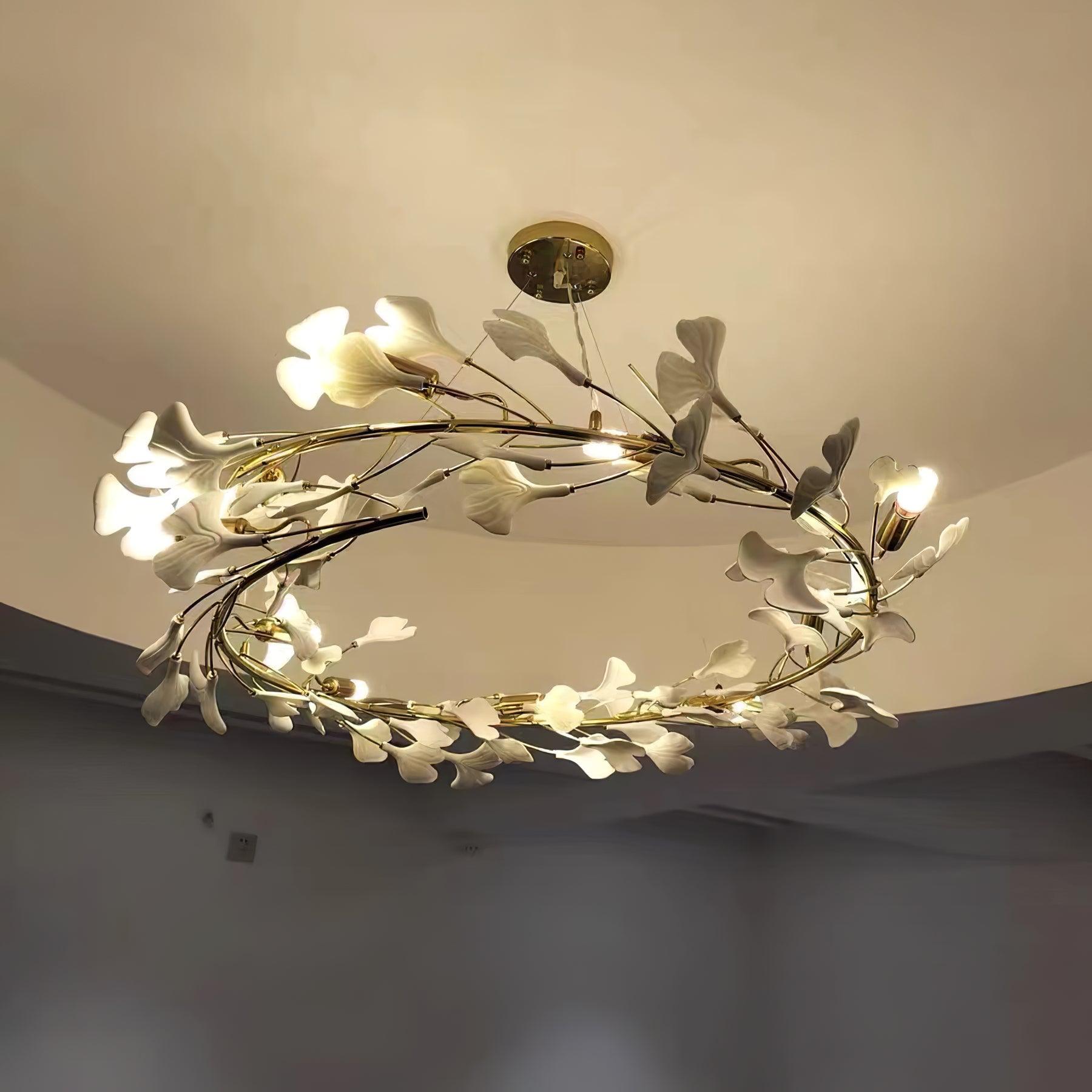 Lustra Lampe Pendante Gingko Porcelaine Feuilles Or-Letslighting