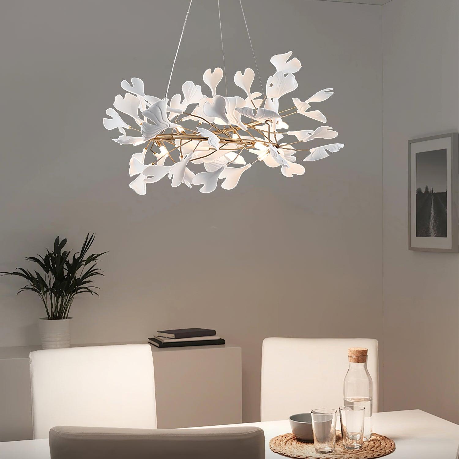 Lustra Lampe Pendante Gingko Porcelaine Feuilles Or-Letslighting