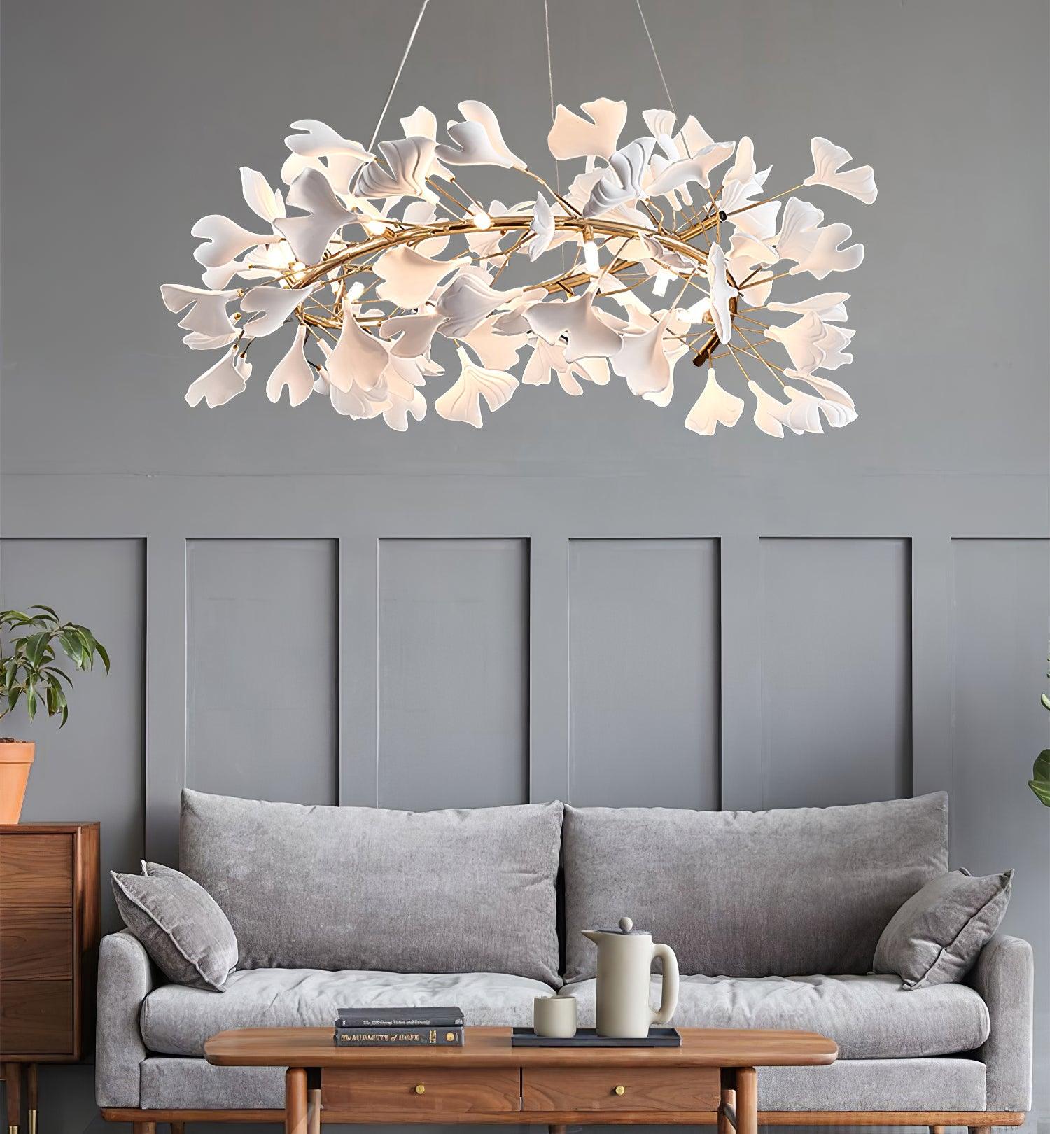 Lustra Lampe Pendante Gingko Porcelaine Feuilles Or-Letslighting